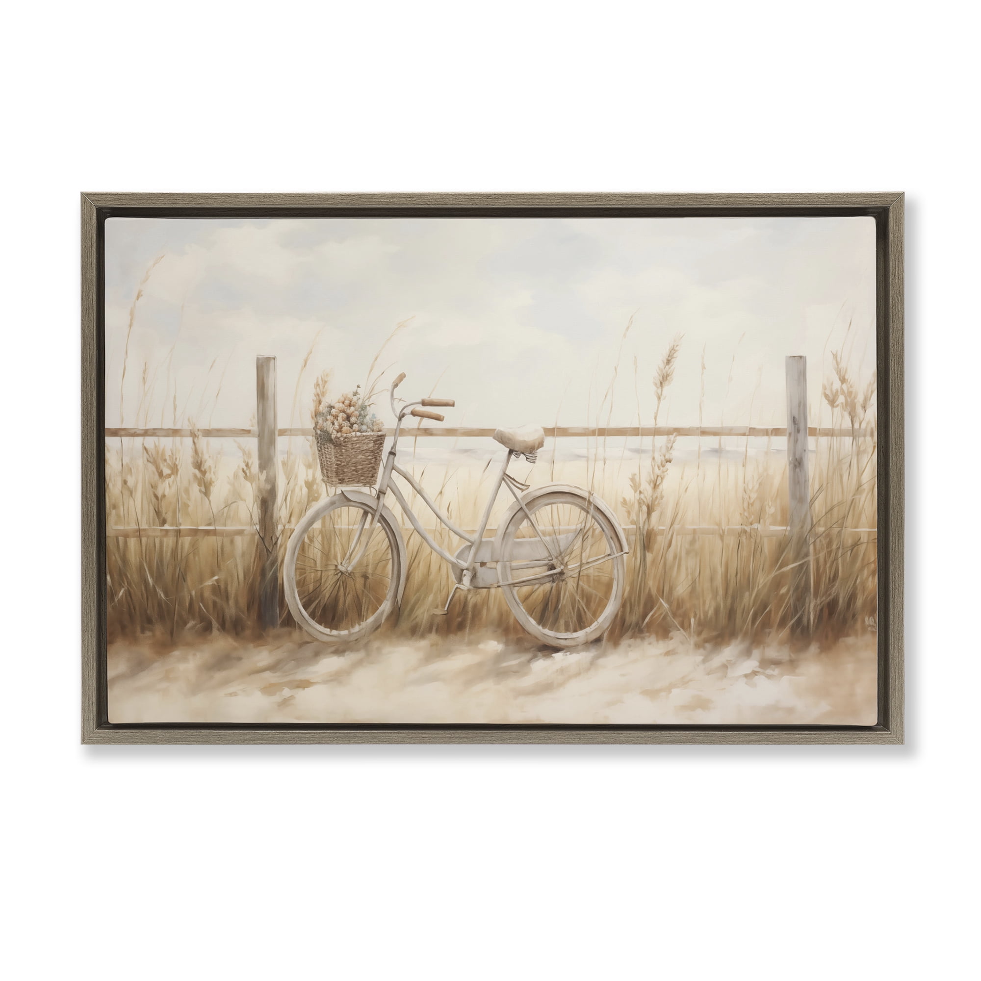 Stupell Industries Bicycle Basket with Herbs Landscape & Nature Painting Brown Floater Framed Canvas Art Print Wall Art, 25 x 17