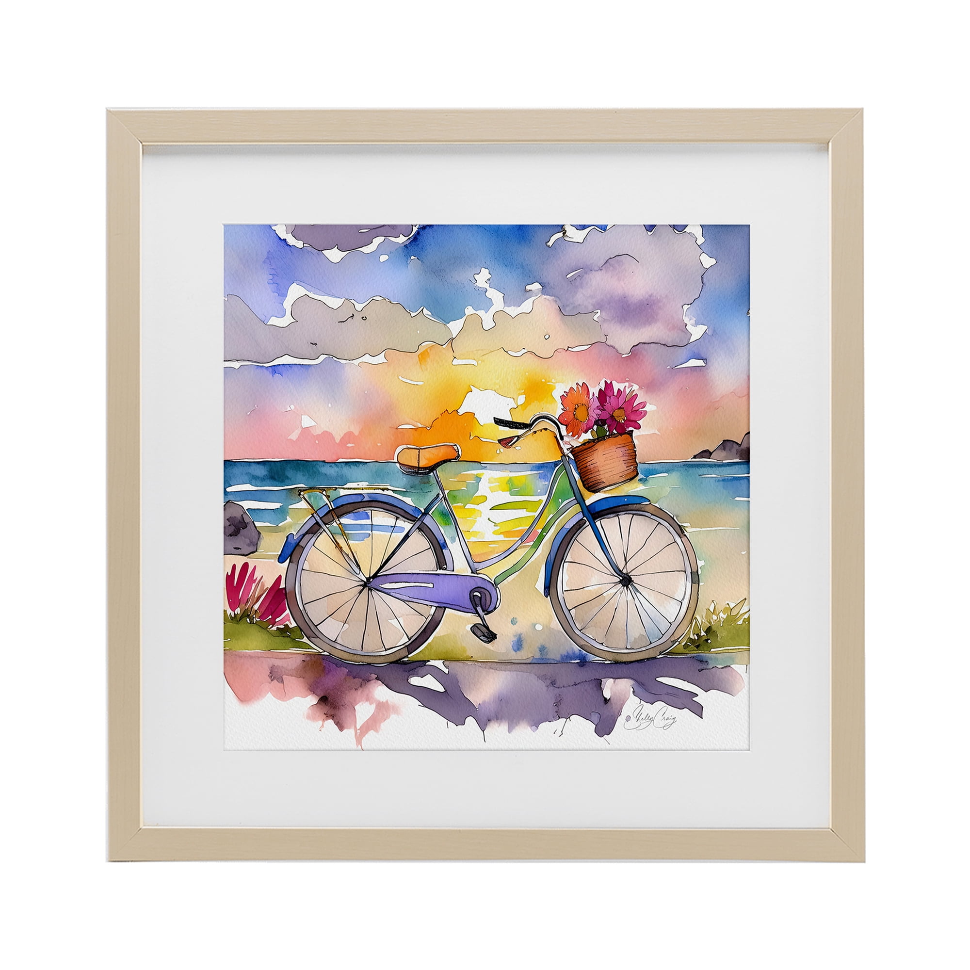 Stupell Industries Bicycle By The Seaside Birch Framed Print Under Glass, design by Shelly Craig