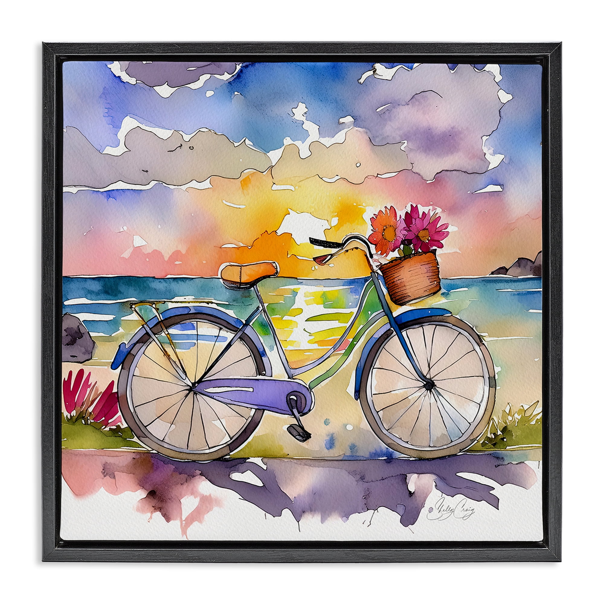 Stupell Industries Bicycle By The Seaside Black Framed Floater Canvas Wall Art, design by Shelly Craig