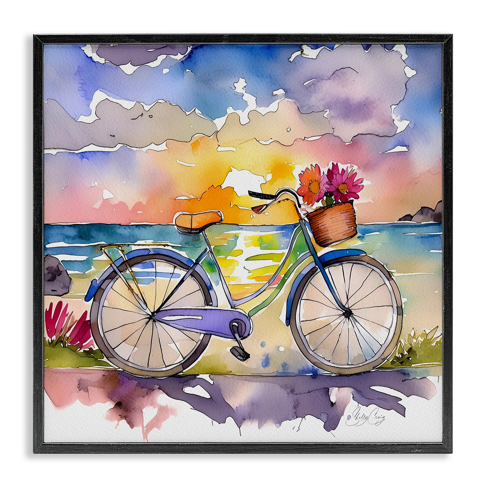 Stupell Industries Bicycle By The Seaside Black Framed Giclee Art, design by Shelly Craig