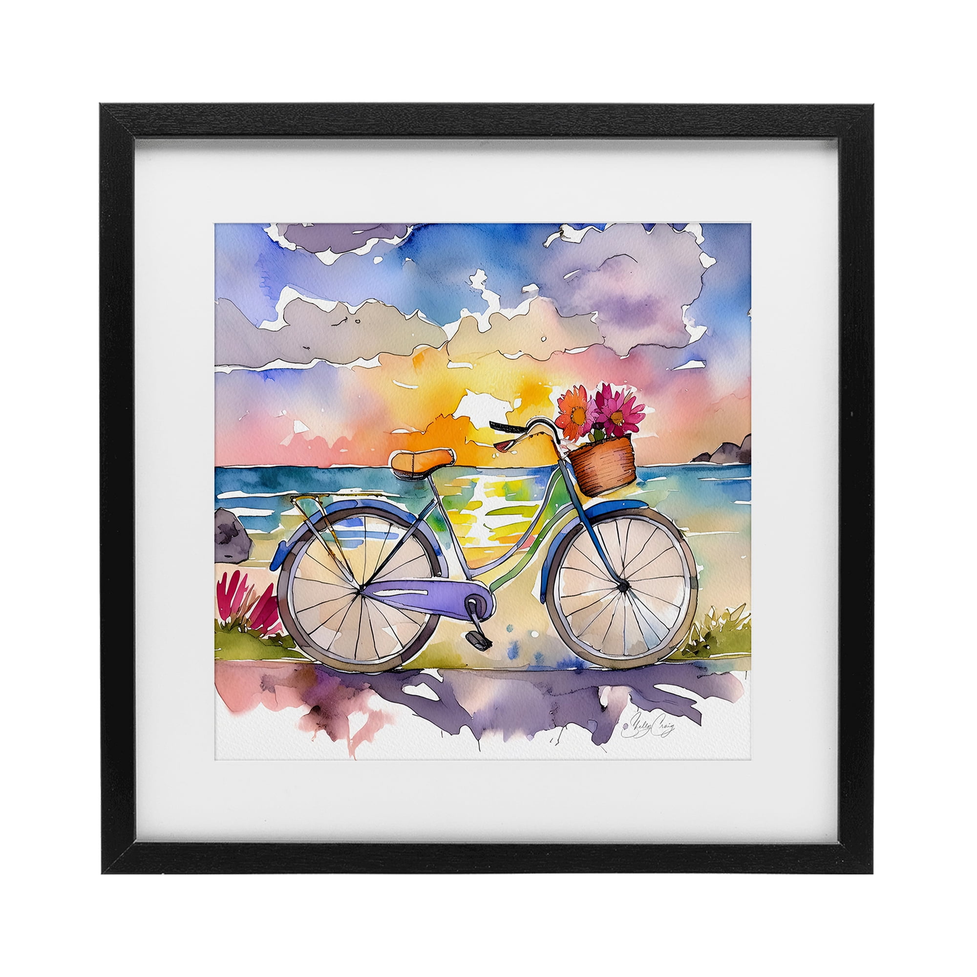 Stupell Industries Bicycle By The Seaside Black Framed Print Under Glass, design by Shelly Craig