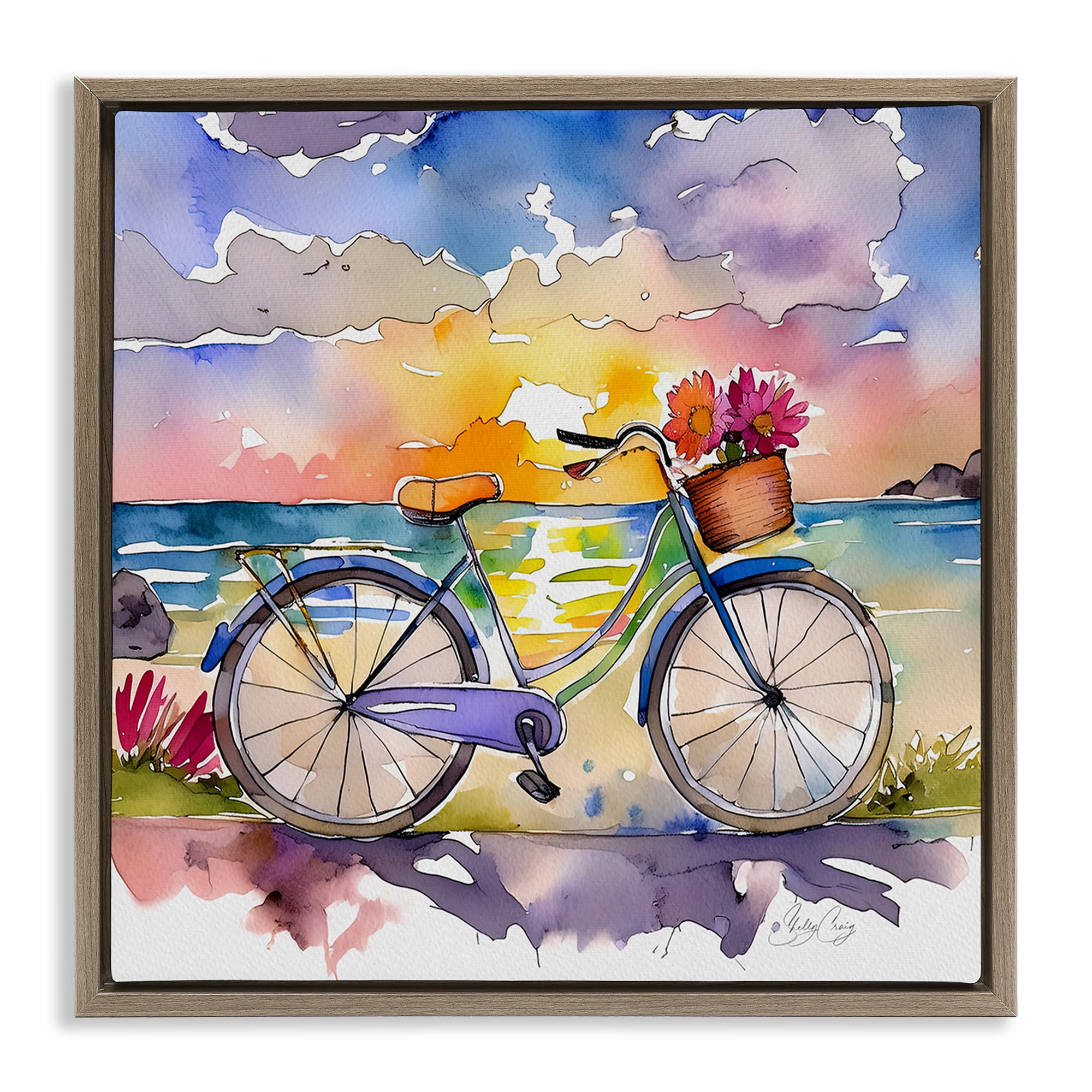 Stupell Industries Bicycle By The Seaside Brown Framed Floater Canvas Wall Art, design by Shelly Craig