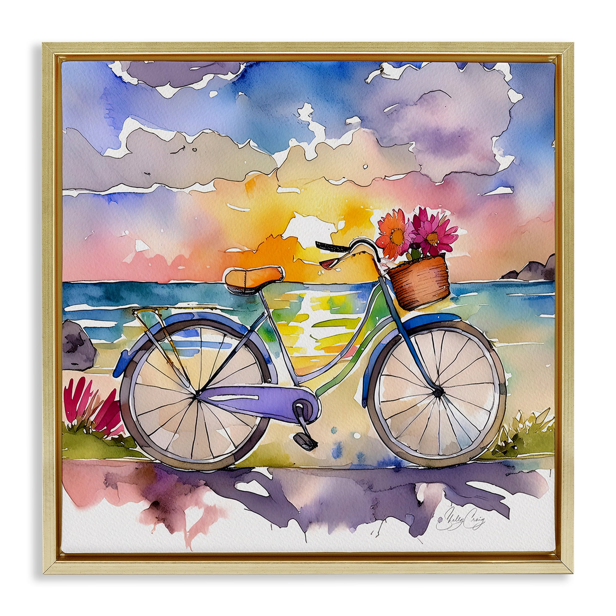 Stupell Industries Bicycle By The Seaside Gold Framed Floater Canvas Wall Art, design by Shelly Craig
