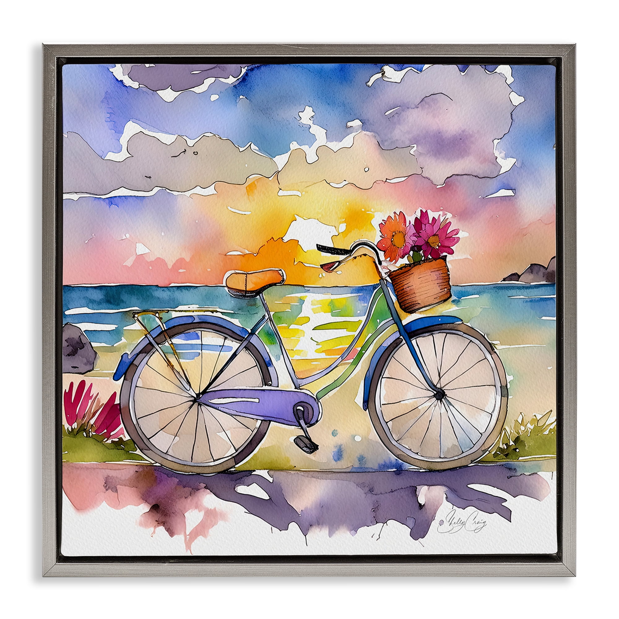 Stupell Industries Bicycle By The Seaside Gray Framed Floater Canvas Wall Art, design by Shelly Craig