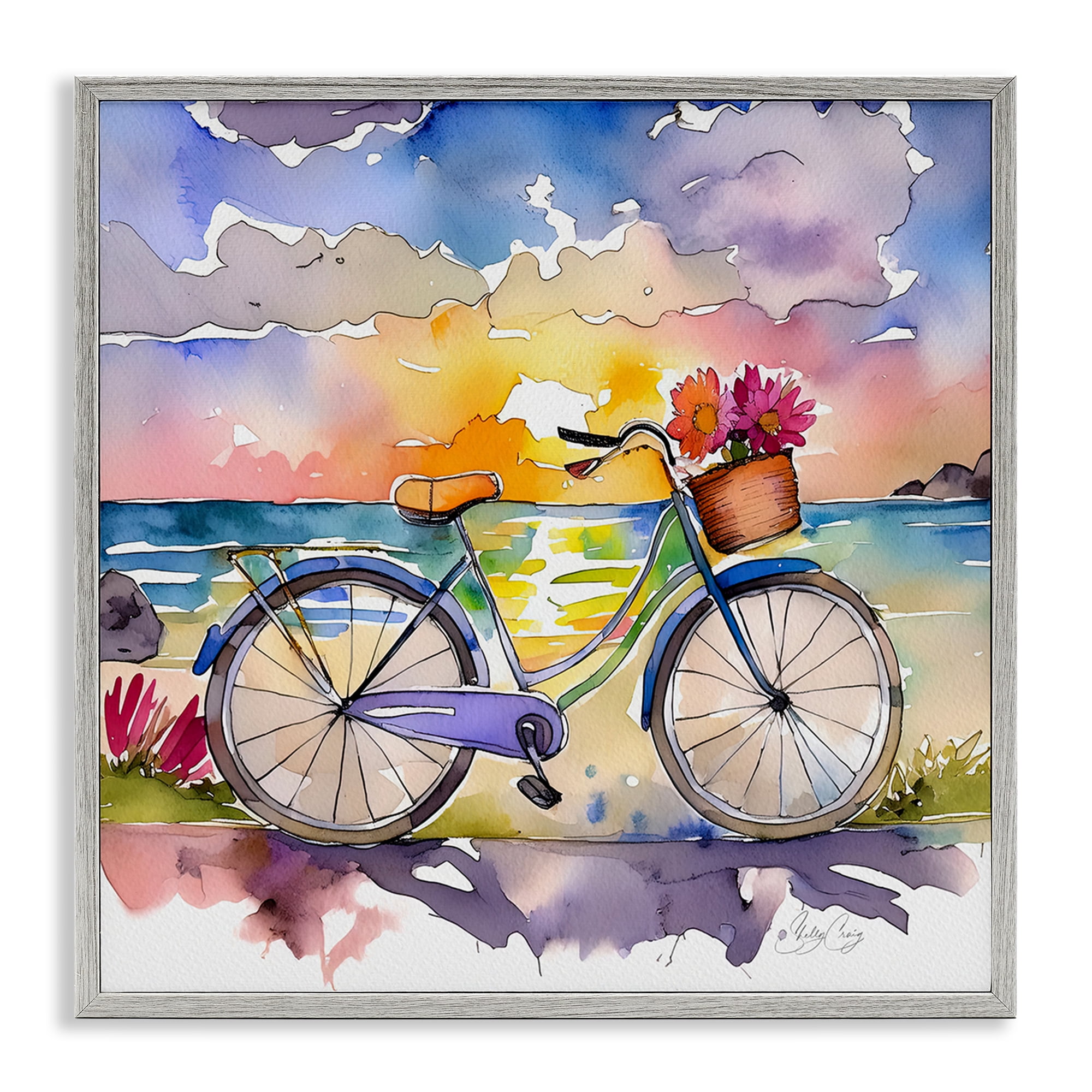 Stupell Industries Bicycle By The Seaside Gray Framed Giclee Art, design by Shelly Craig