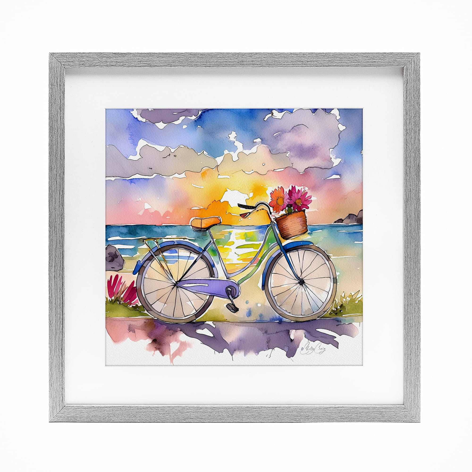 Stupell Industries Bicycle By The Seaside Gray Framed Print Under Glass, design by Shelly Craig