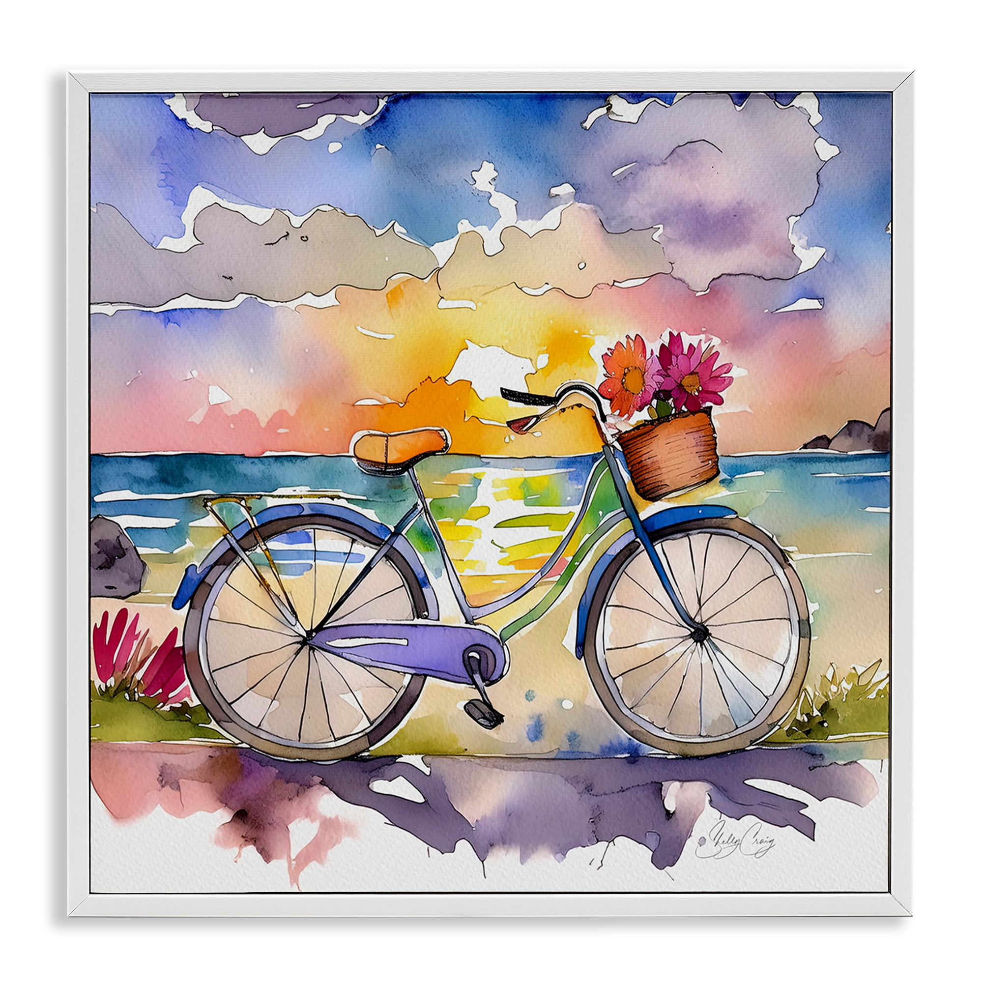 Stupell Industries Bicycle By The Seaside White Framed Giclee Art, design by Shelly Craig