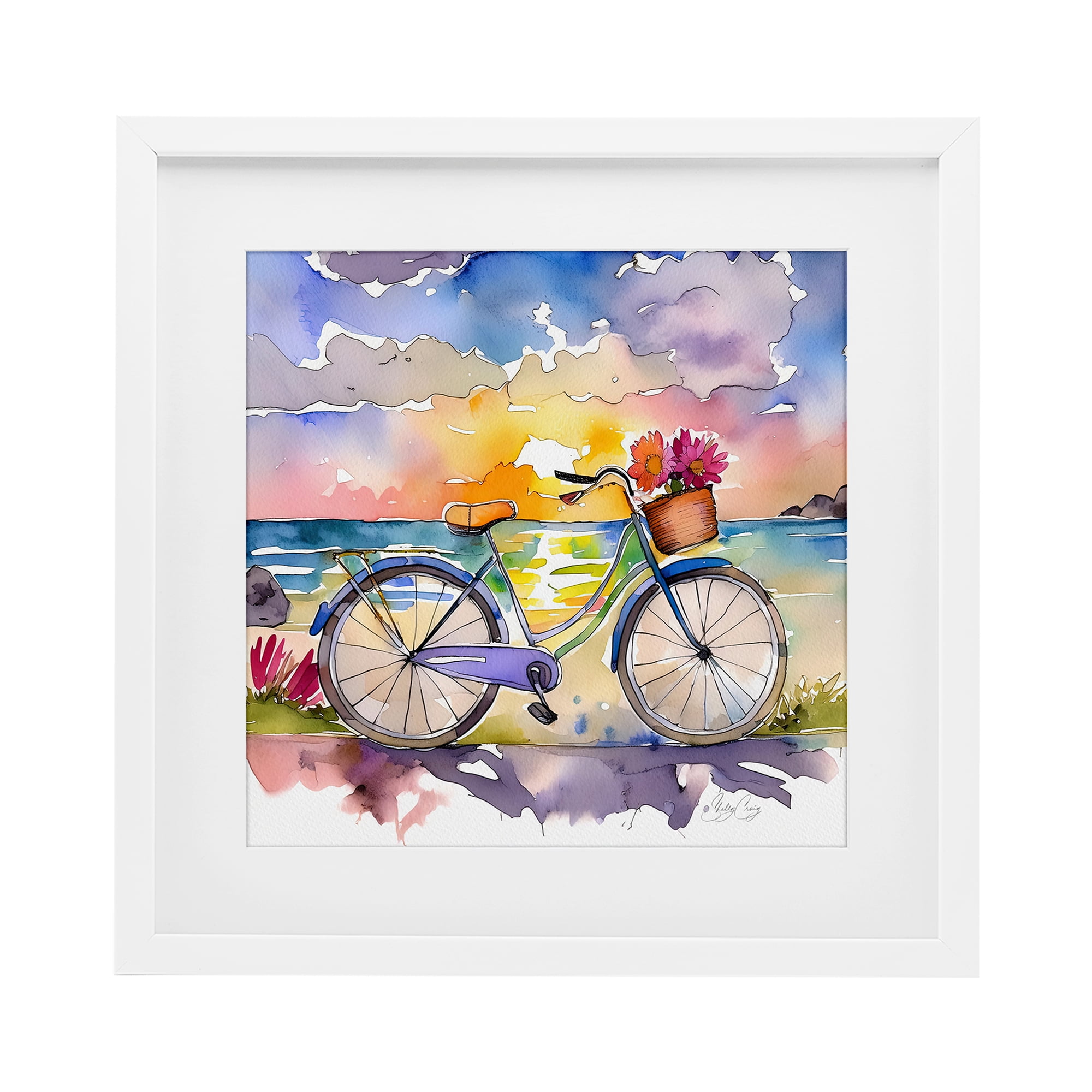 Stupell Industries Bicycle By The Seaside White Framed Print Under Glass, design by Shelly Craig