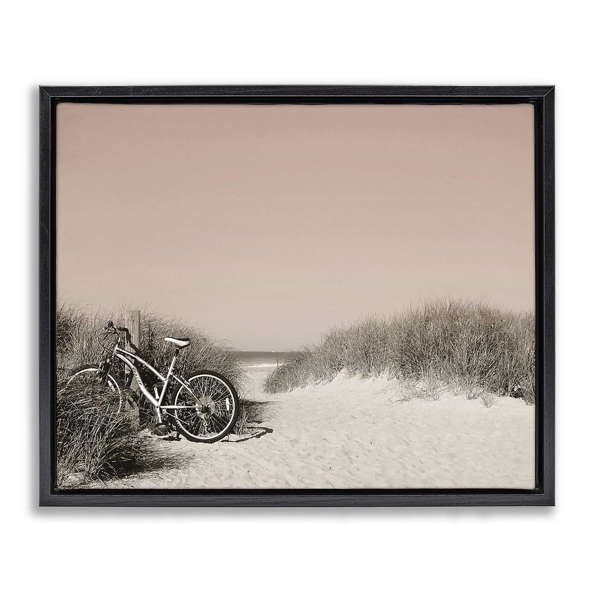 Stupell Industries Bicycle Ride Paused Nautical & Beach Photography Black Floater Framed Canvas Art Print Wall Art, 31 x 25