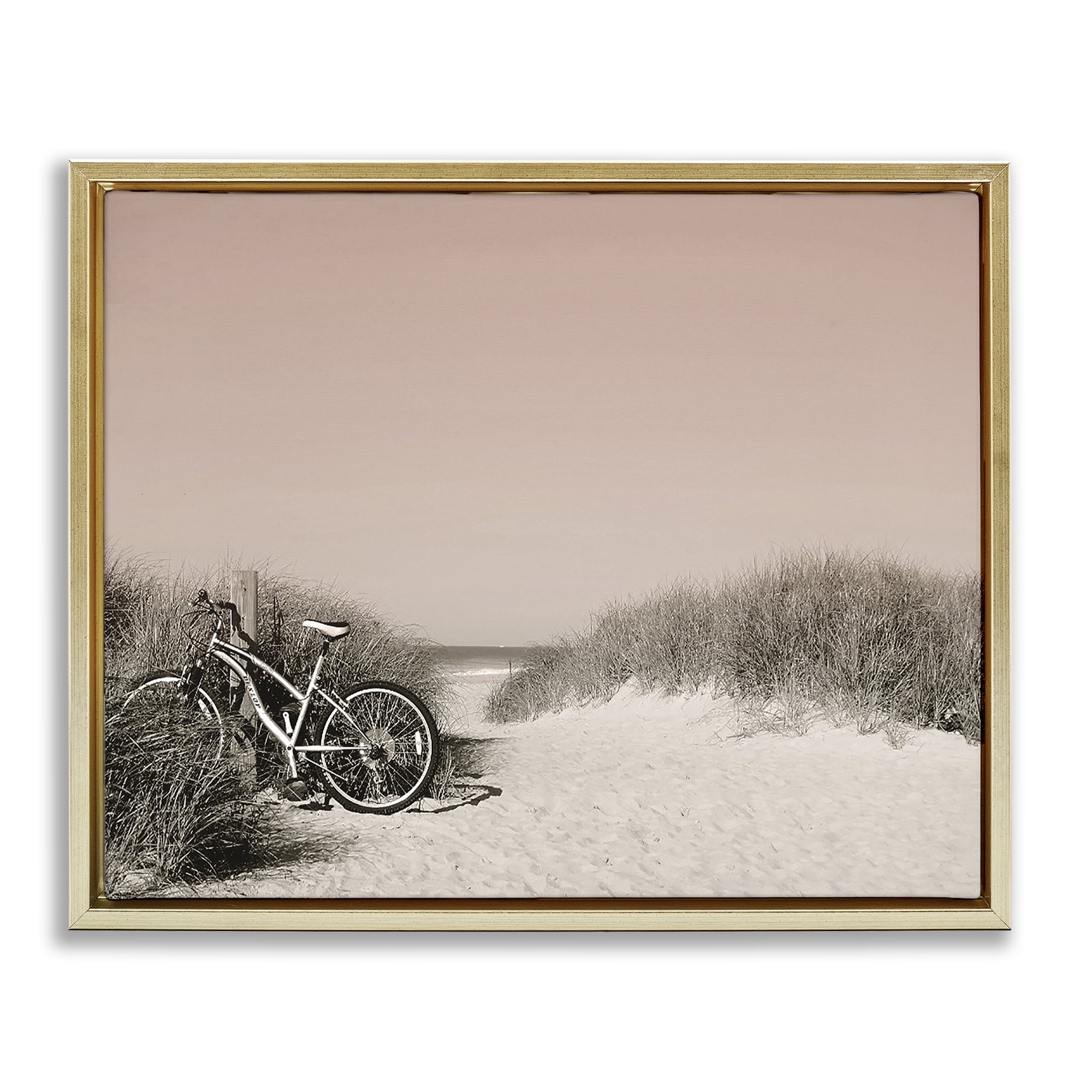 Stupell Industries Bicycle Ride Paused Nautical & Beach Photography Gold Floater Framed Canvas Art Print Wall Art, 21 x 17