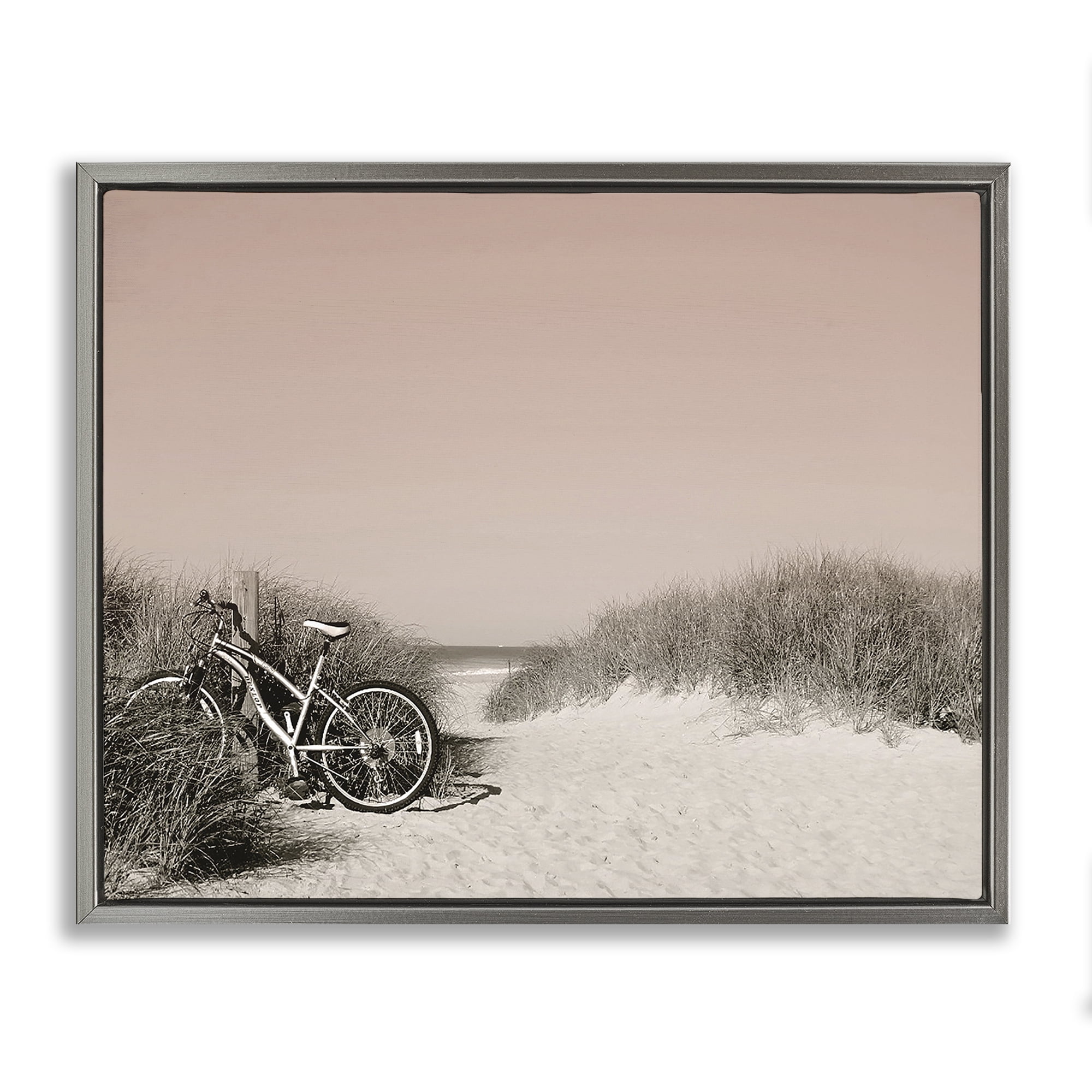 Stupell Industries Bicycle Ride Paused Nautical & Beach Photography Gray Floater Framed Canvas Art Print Wall Art, 21 x 17