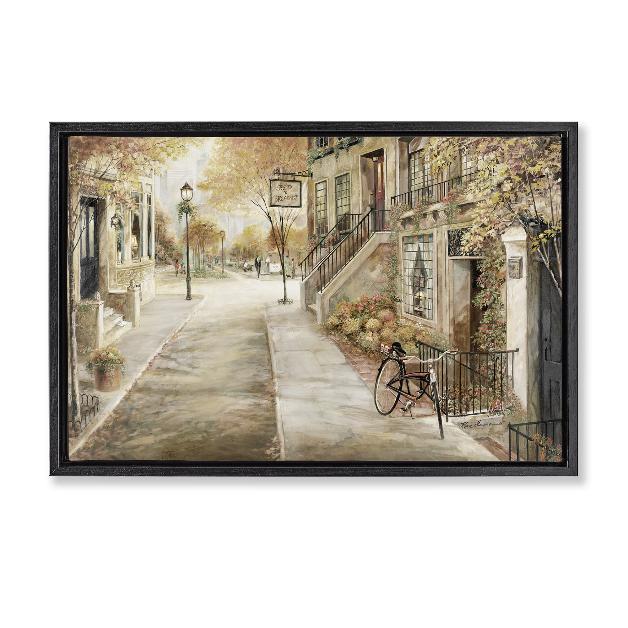 Stupell Industries Bicycle on Town Street Scenic & Cityscapes Painting Black Floater Framed Canvas Art Print Wall Art, 31 x 21
