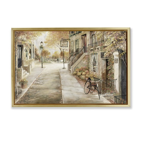 Stupell Industries Industrial Bicycle on Town Street Gold Floating Frame Canvas Art, 31 x 21, by Ruane Manning