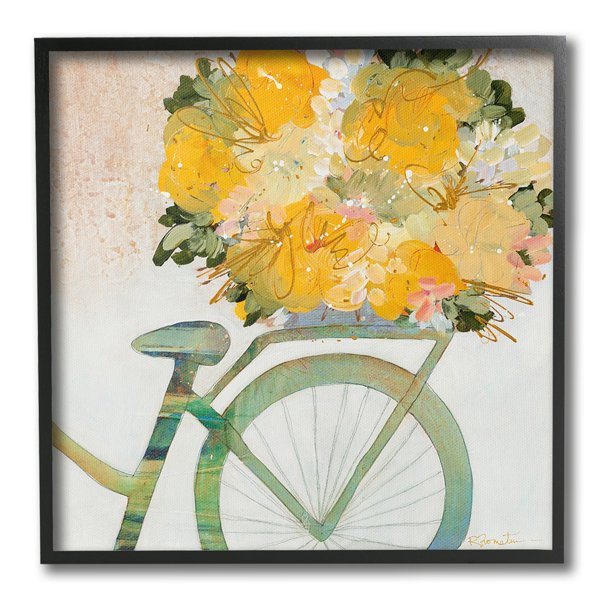 Stupell Industries Bicycle with Abstract Florals Botanical & Floral Painting Black Framed Art Print Wall Art, 12 x 12