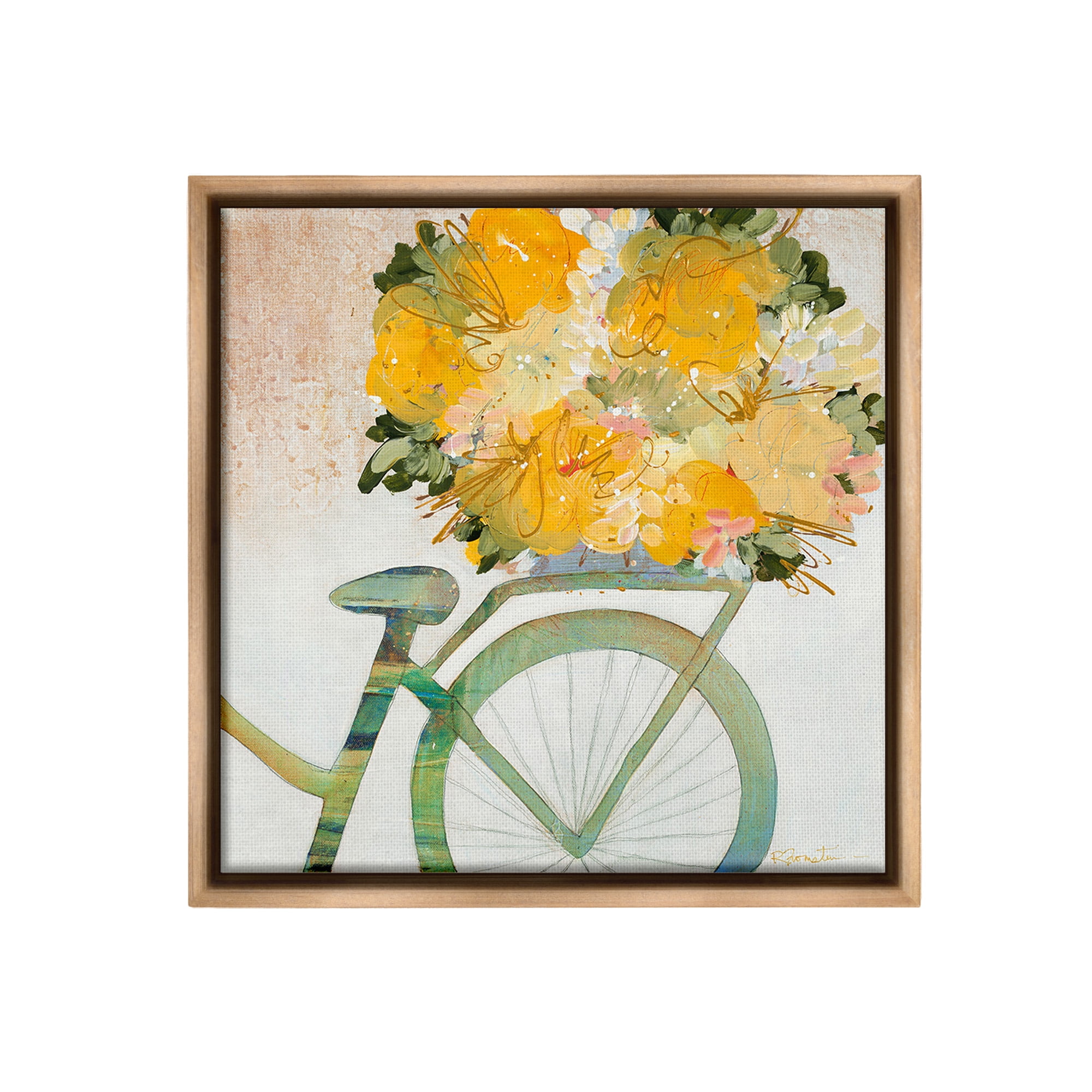 Stupell Industries Bicycle with Abstract Florals Botanical & Floral Painting Brown Floater Framed Canvas Art Print Wall Art, 18 x 18