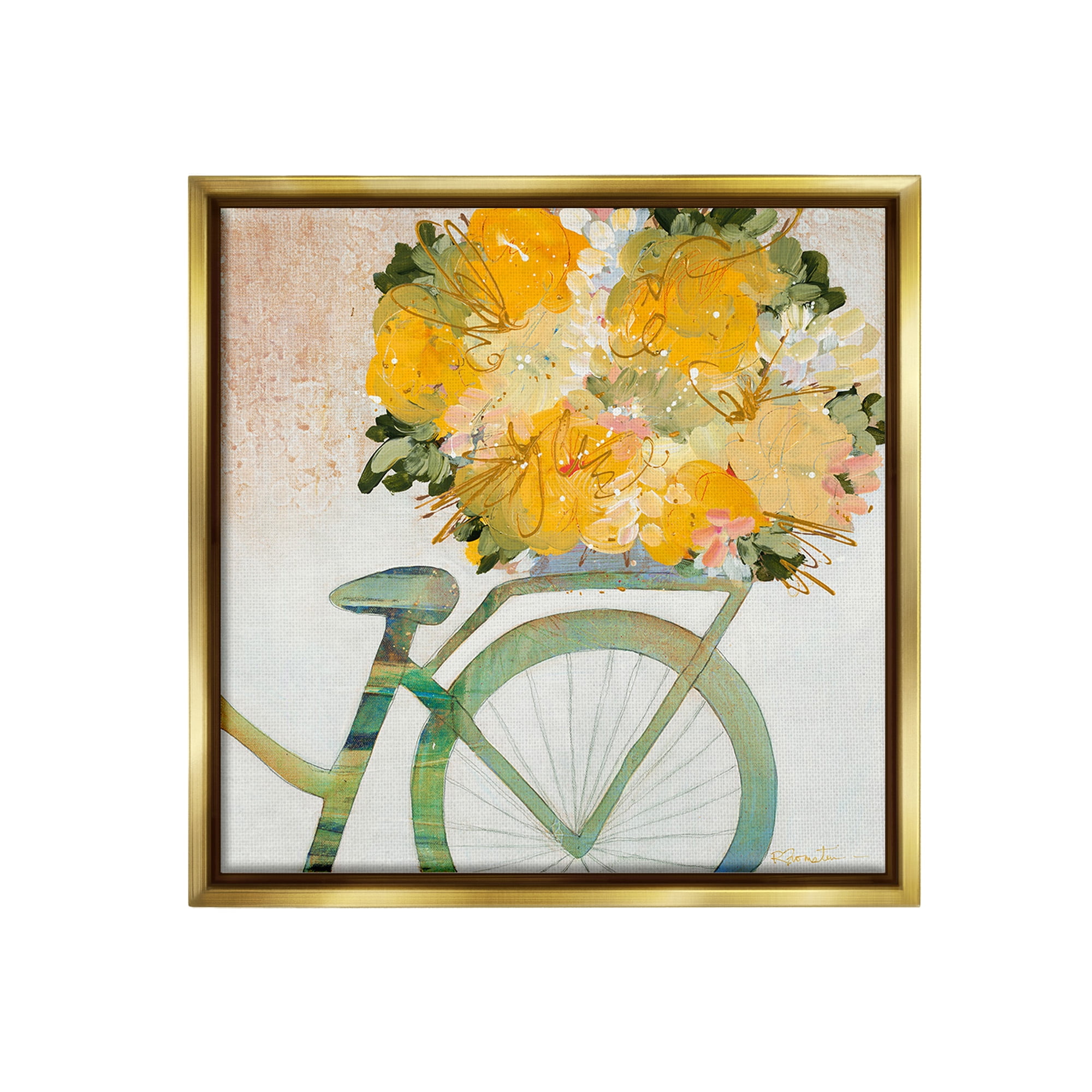 Stupell Industries Bicycle with Abstract Florals Botanical & Floral Painting Gold Floater Framed Canvas Art Print Wall Art, 25 x 25