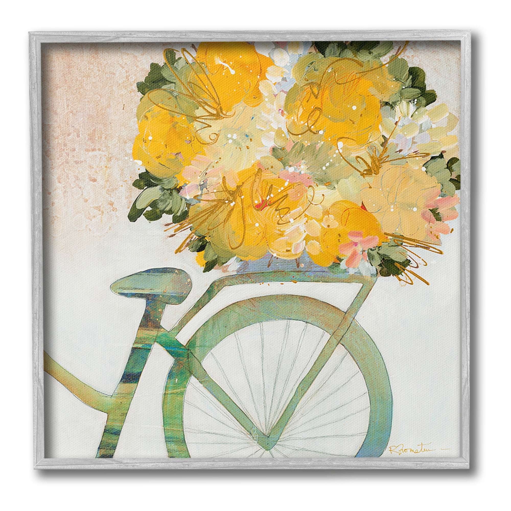 Stupell Industries Bicycle with Abstract Florals Botanical & Floral Painting Gray Framed Art Print Wall Art, 17 x 17