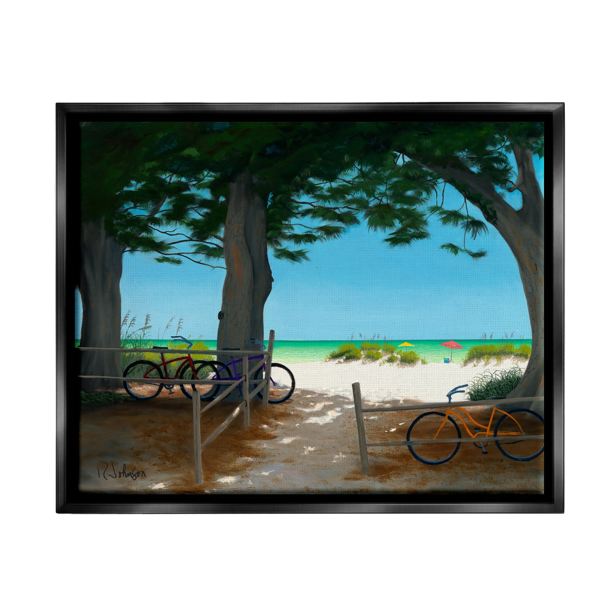 Stupell Industries Bicycles at Beach Park Distant Summer Ocean Scenery Painting Jet Black Floating Framed Canvas Print Wall Art, Design by Robert Johnson