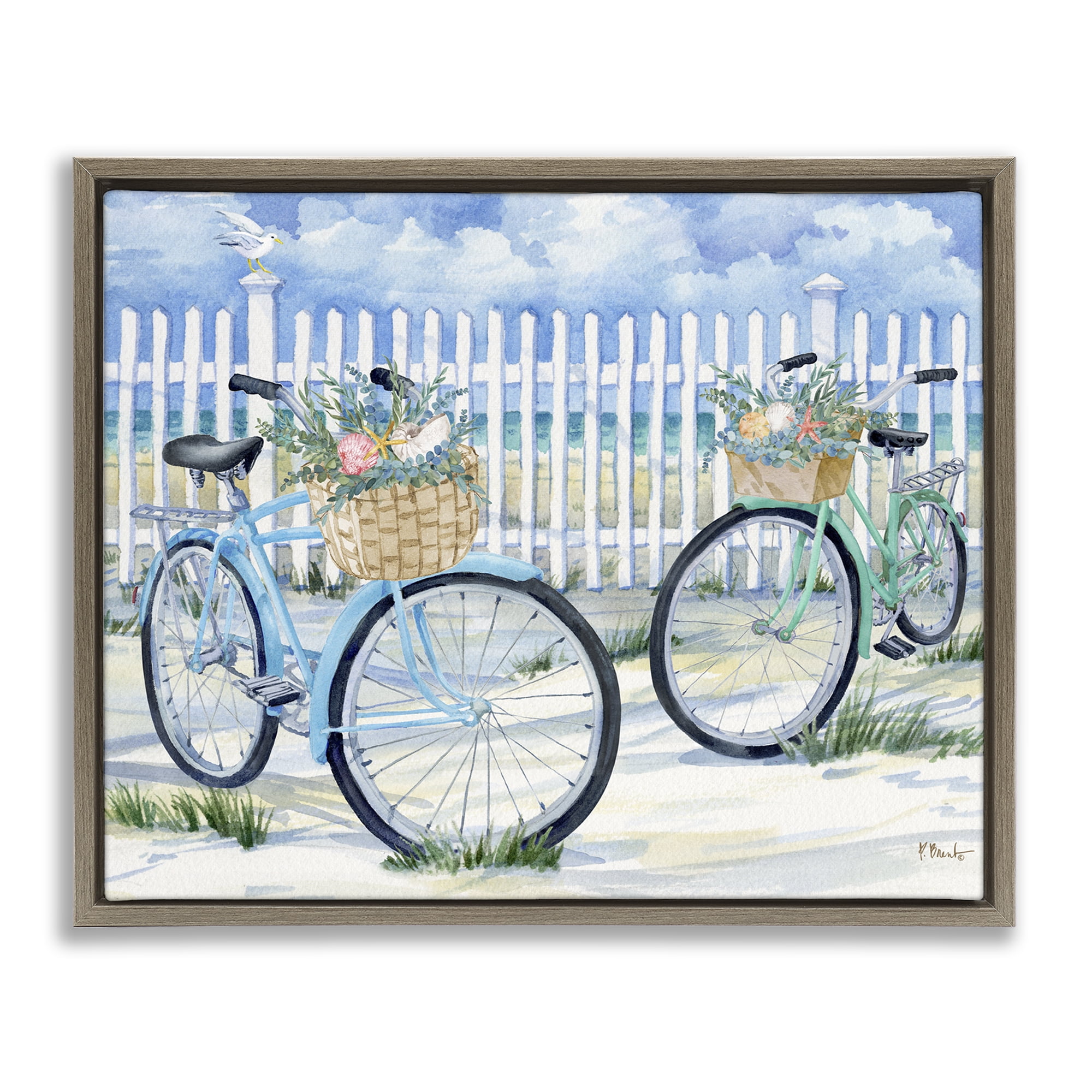 Stupell Industries Bicycles at Beach Fence Transportation Painting Brown Floater Framed Canvas Art Print Wall Art, 31 x 25