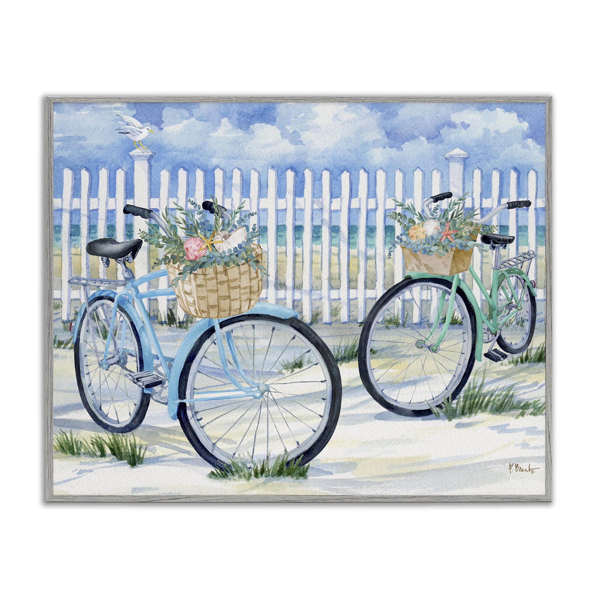Stupell Industries Bicycles at Beach Fence Transportation Painting Gray Framed Art Print Wall Art, 14 x 11