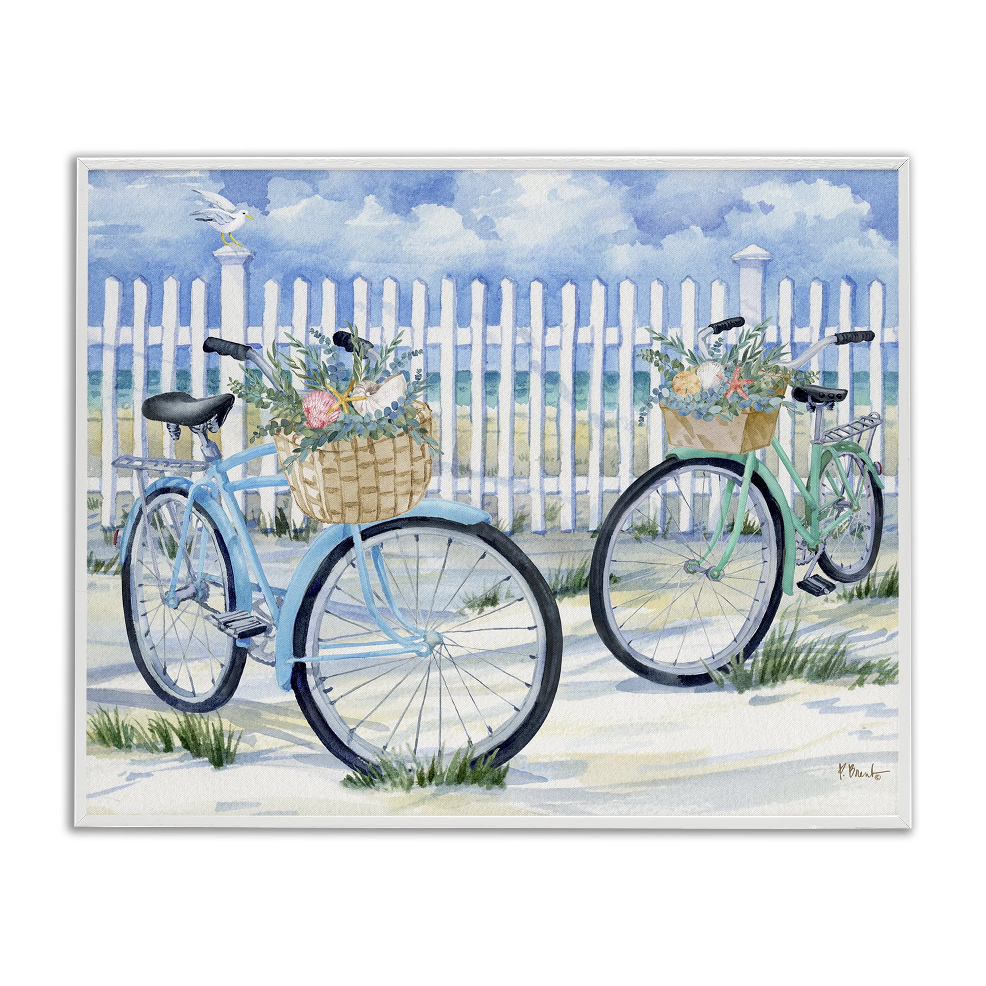 Stupell Industries Bicycles at Beach Fence Transportation Painting White Framed Art Print Wall Art, 14 x 11