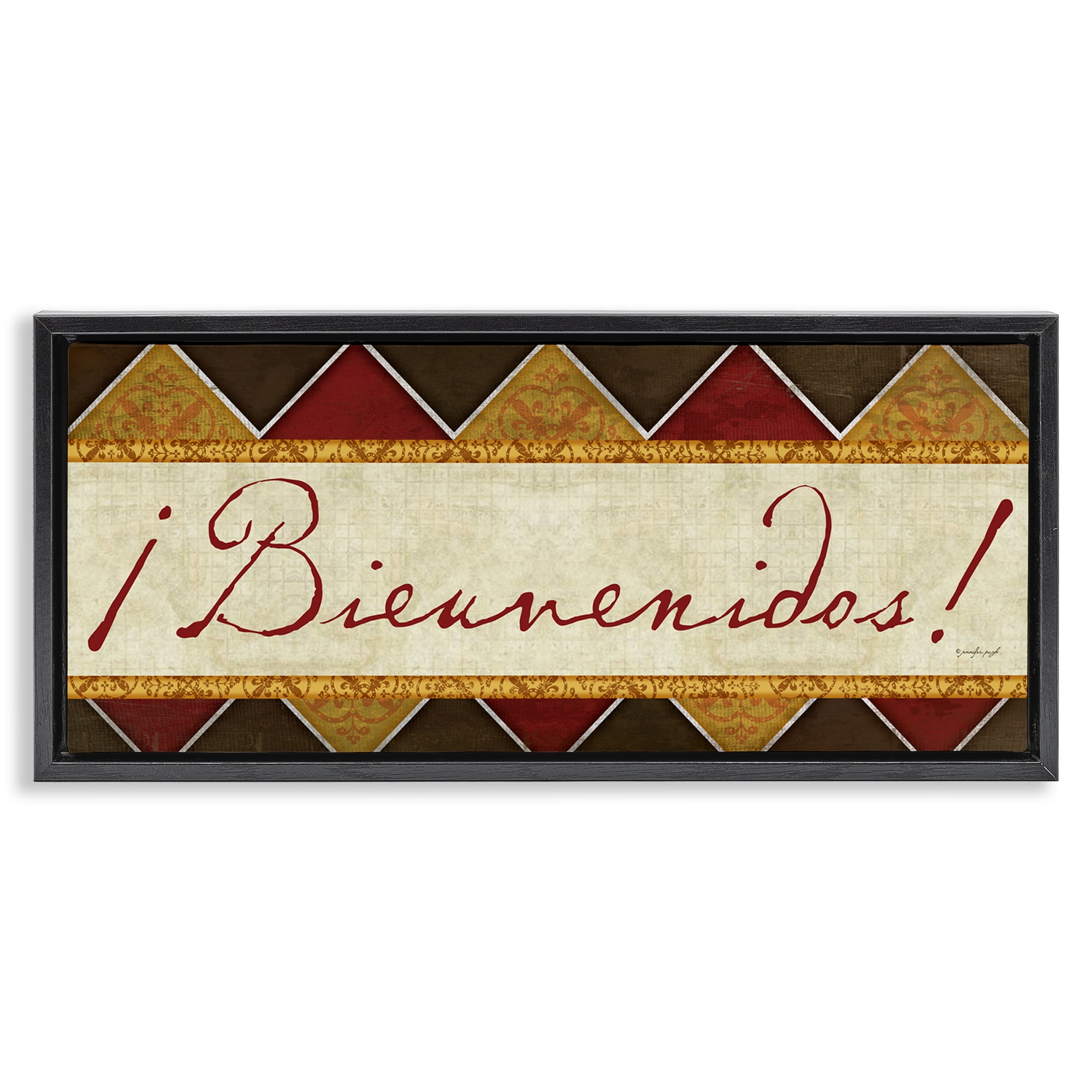 Stupell Industries Bienvenidos Patrón Tradicional Signs and Rules Painting Black Floater Framed Art Print Wall Art, 31 x 14