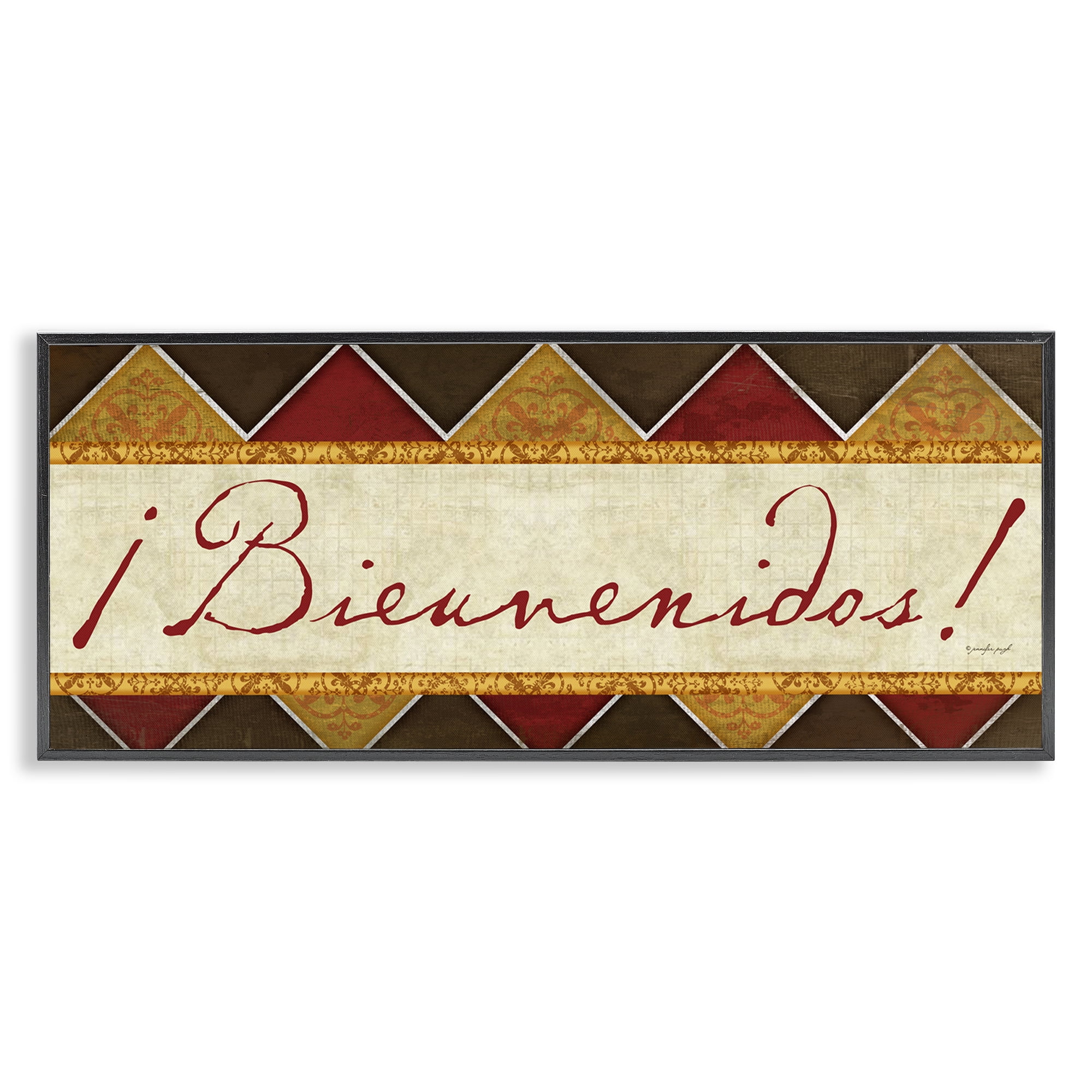 Stupell Industries Bienvenidos Patrón Tradicional Signs and Rules Painting Black Framed Art Print Wall Art, 24 x 10