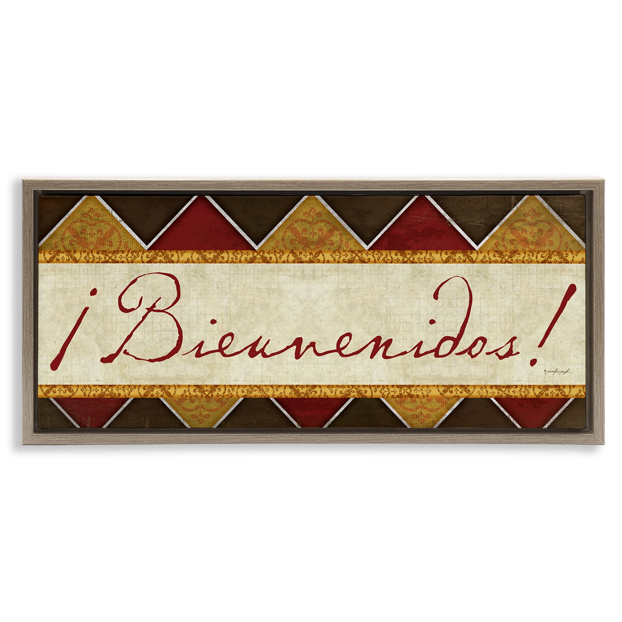 Stupell Industries Bienvenidos Patrón Tradicional Signs and Rules Painting Brown Floater Framed Art Print Wall Art, 25 x 11