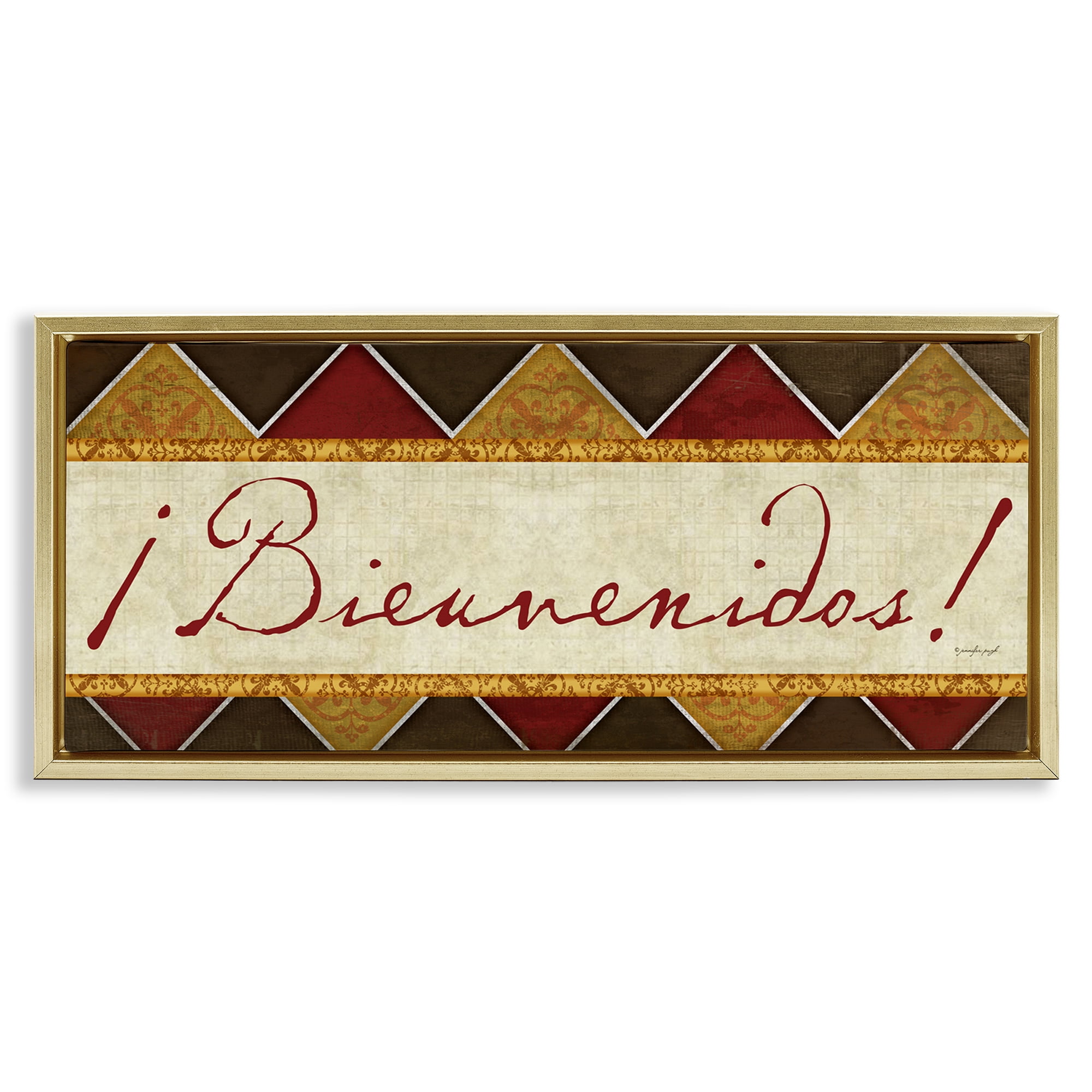 Stupell Industries Bienvenidos Patrón Tradicional Signs and Rules Painting Gold Floater Framed Art Print Wall Art, 31 x 14