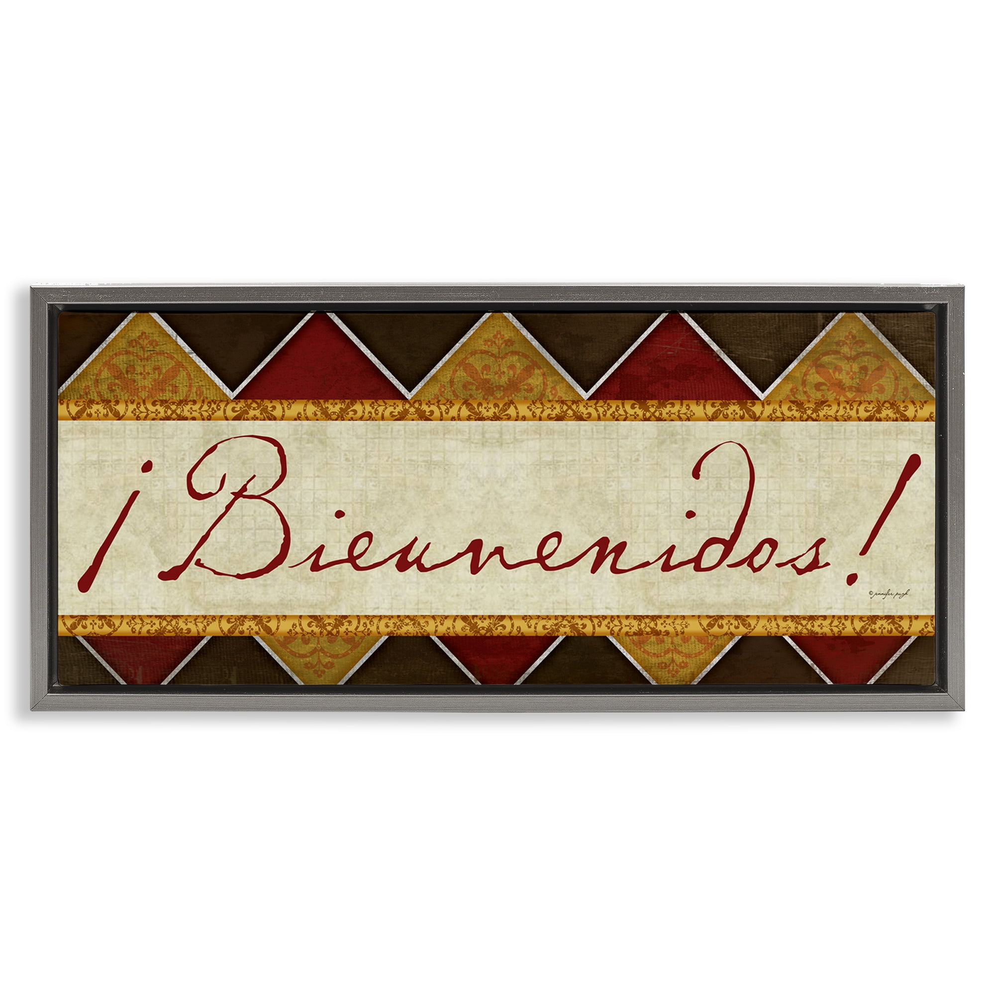 Stupell Industries Bienvenidos Patrón Tradicional Signs and Rules Painting Gray Floater Framed Art Print Wall Art, 25 x 11