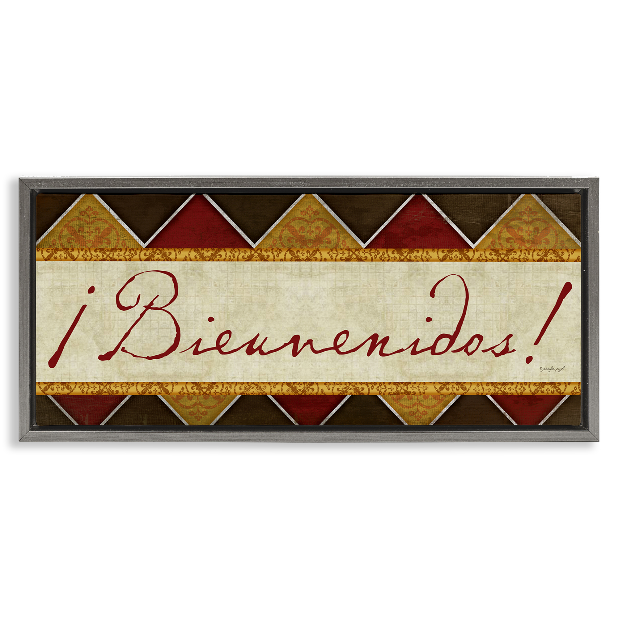 Stupell Industries Bienvenidos Patrón Tradicional Signs and Rules Painting Gray Floater Framed Art Print Wall Art, 31 x 14
