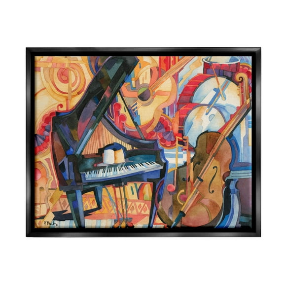 Stupell Industries Big City Music Piano Cubism Painting Jet Black Floating Framed Canvas Print Wall Art, Design by Paul Brent
