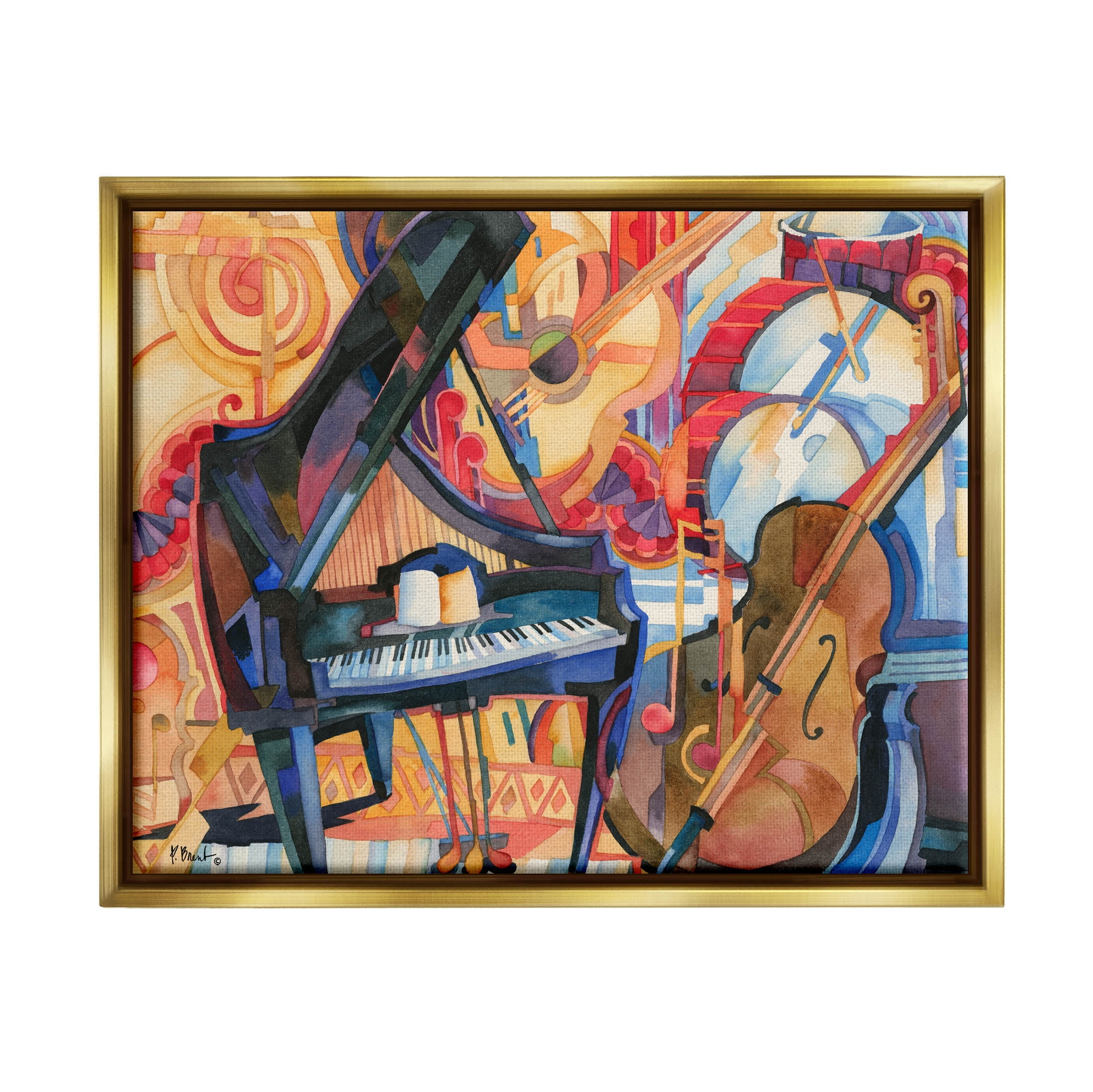 Stupell Industries Big City Music Piano Cubism Painting Metallic Gold Floating Framed Canvas Print Wall Art, Design by Paul Brent