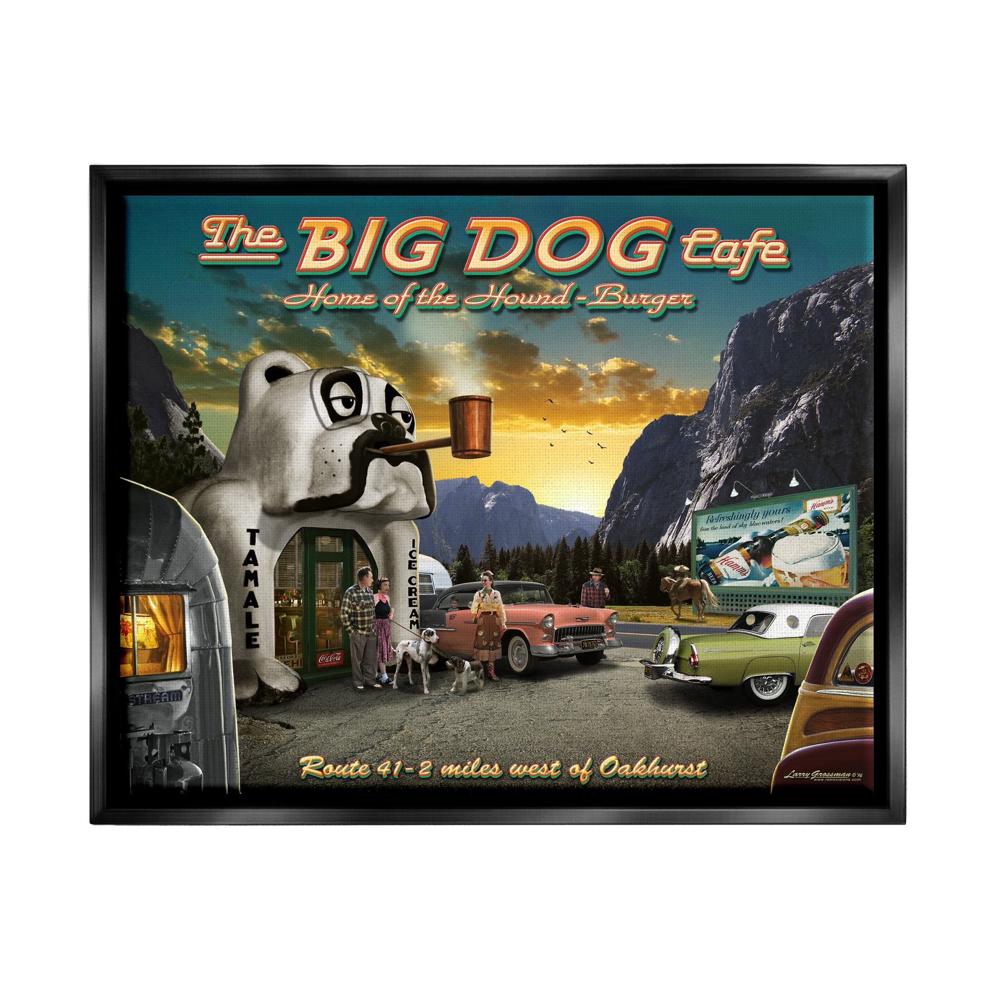 Stupell Industries Big Dog Cafe Scenery Transportation Painting Black Floater Framed Canvas Art Print Wall Art, 21 x 17