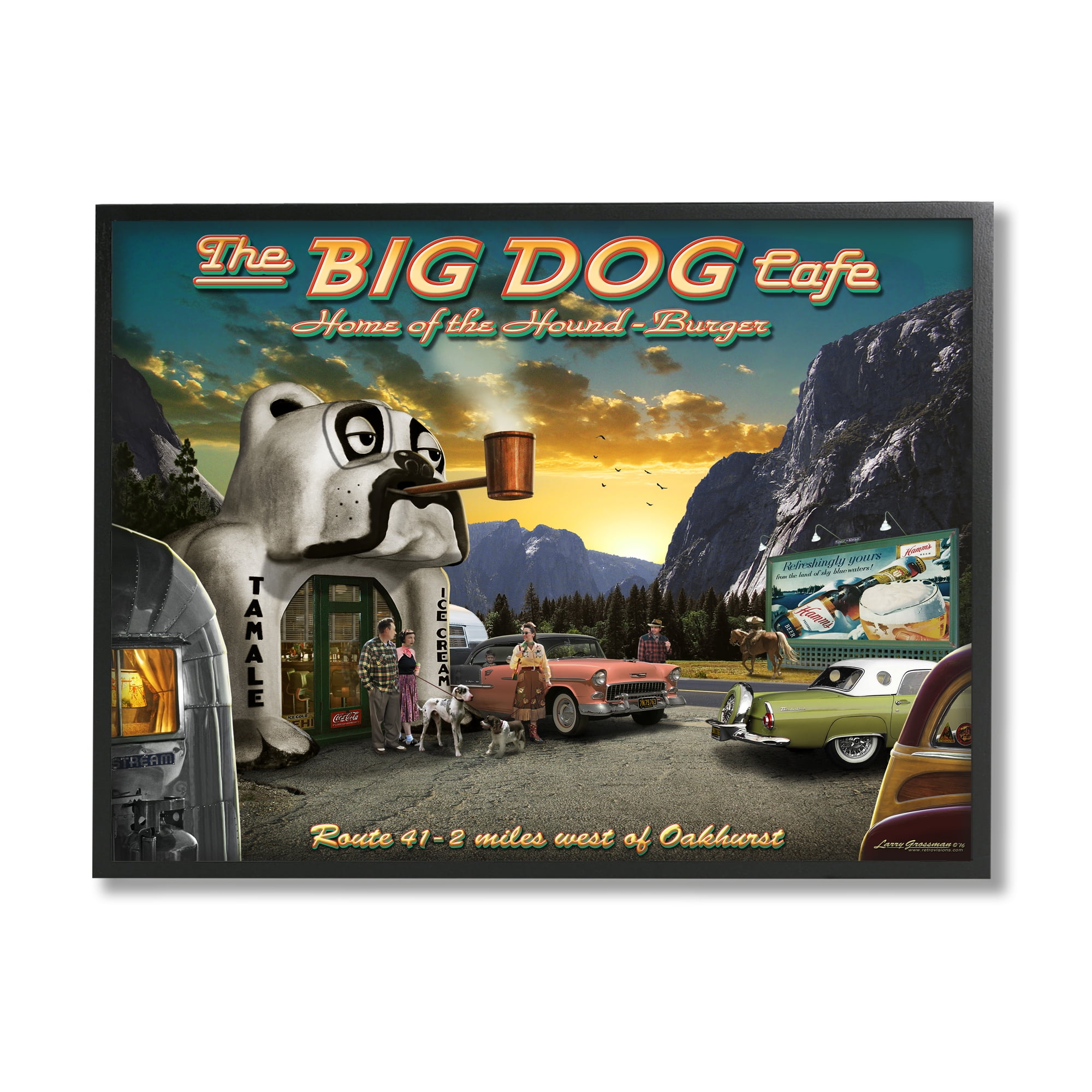 Stupell Industries Big Dog Cafe Scenery Transportation Painting Black Framed Art Print Wall Art, 30 x 24