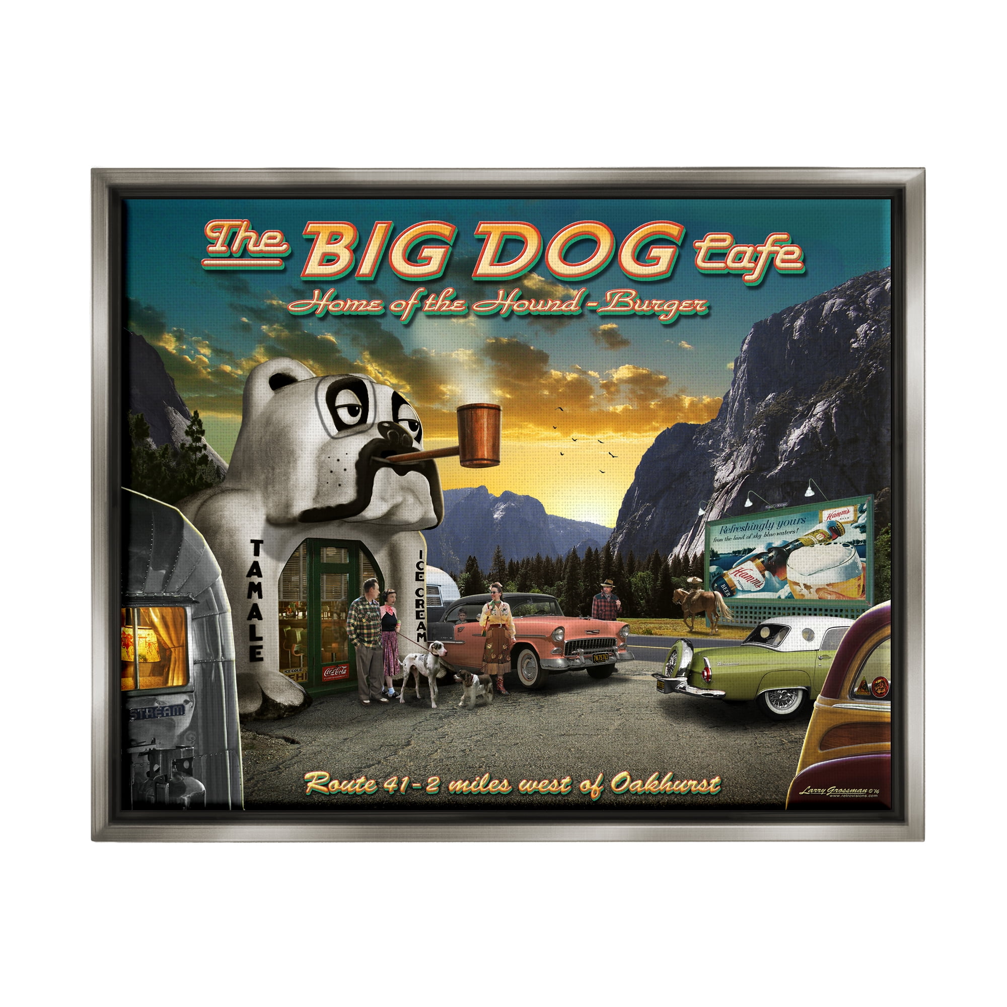 Stupell Industries Big Dog Cafe Scenery Transportation Painting Gray Floater Framed Canvas Art Print Wall Art, 31 x 25