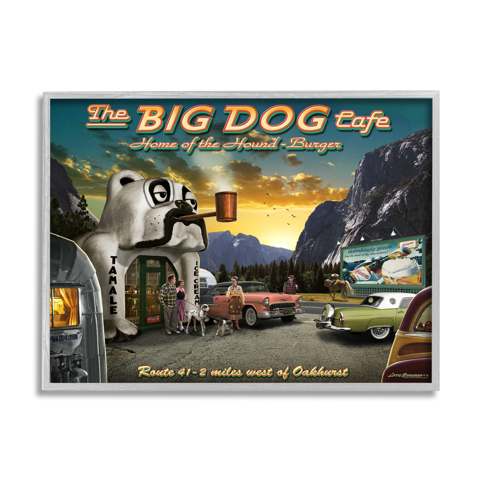 Stupell Industries Big Dog Cafe Scenery Transportation Painting Gray Framed Art Print Wall Art, 14 x 11