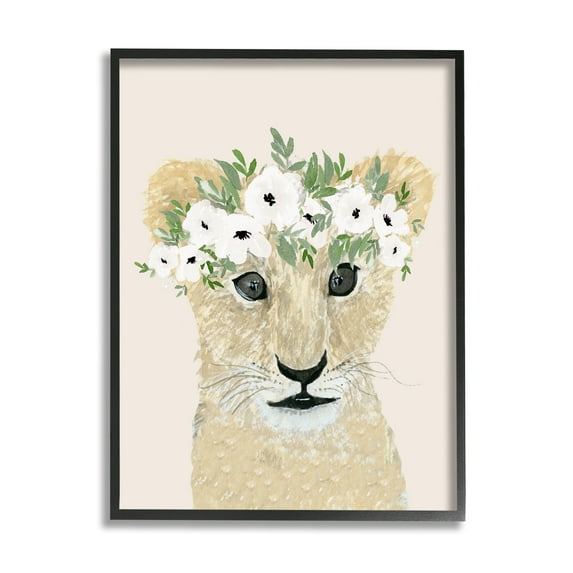 Stupell Industries Big Eye Baby Lion Floral Crown Children's Safari, 16 x 20, Design by Lucille Price