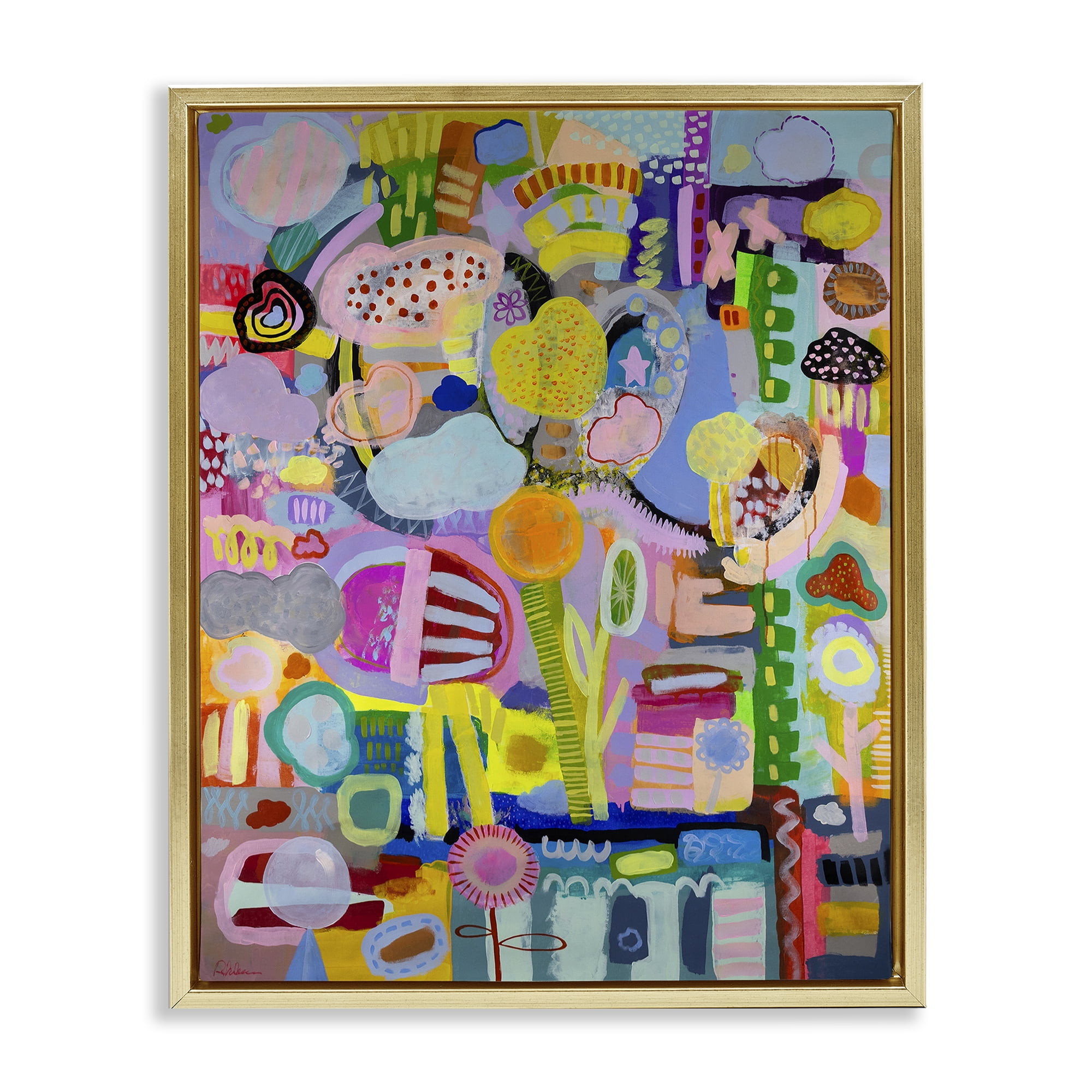 Stupell Industries Big Happy Whimsical Collage Gold Framed Floater Canvas Wall Art, design by Mary Robertson
