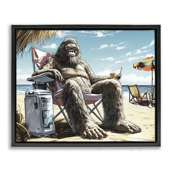 Stupell Industries Big Monster on Beach Fairy Tales & Fantasy Painting Black Floater Framed Canvas Art Print Wall Art, 21 x 17