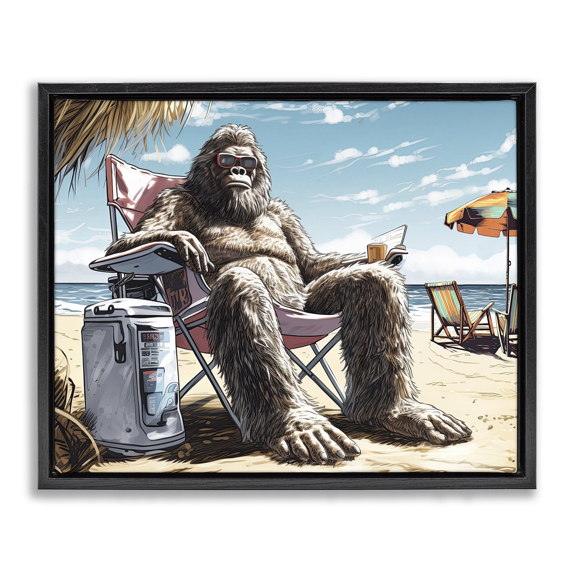 Stupell Industries Big Monster on Beach Fairy Tales & Fantasy Painting Black Floater Framed Canvas Art Print Wall Art, 31 x 25