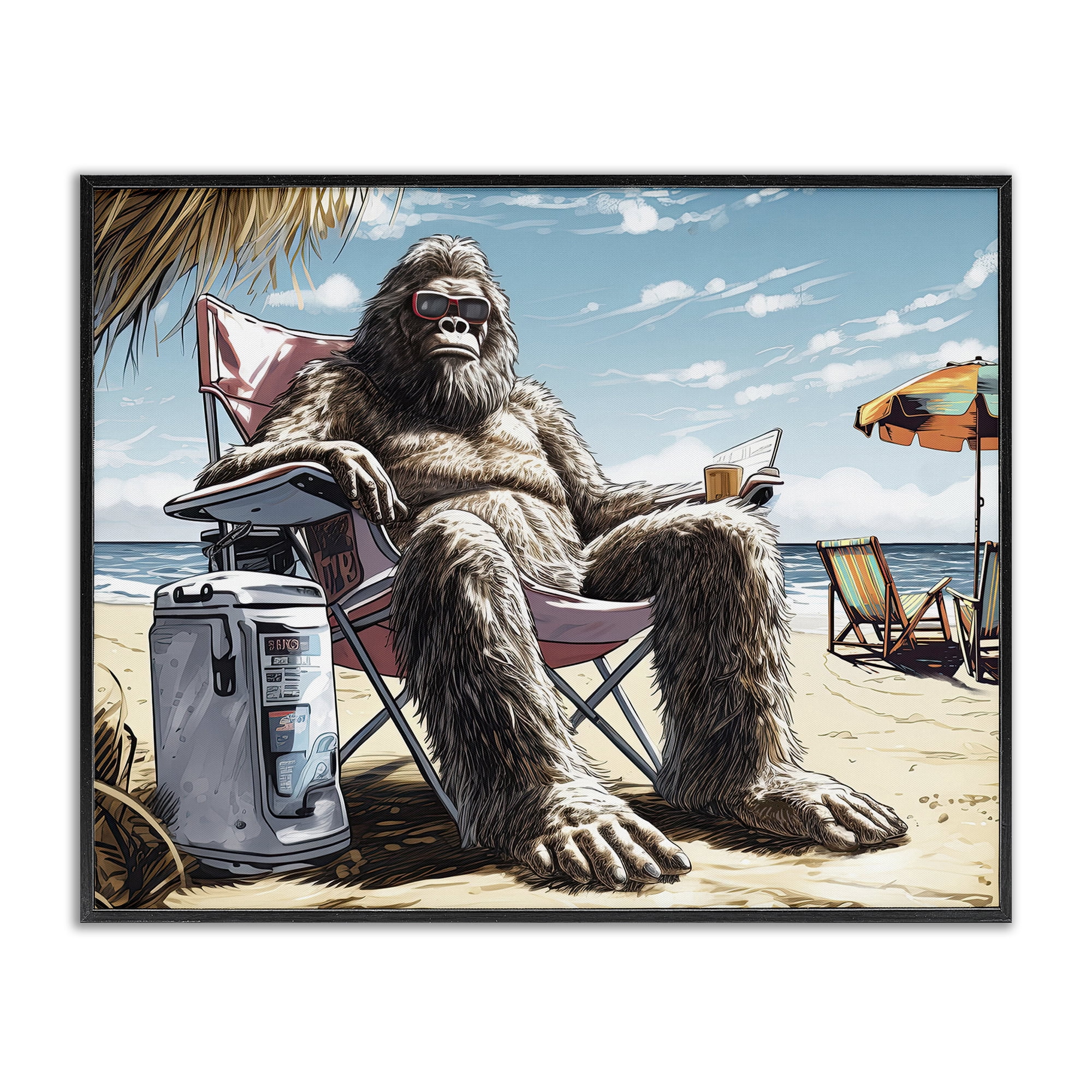 Stupell Industries Big Monster on Beach Fairy Tales & Fantasy Painting Black Framed Art Print Wall Art, 30 x 24