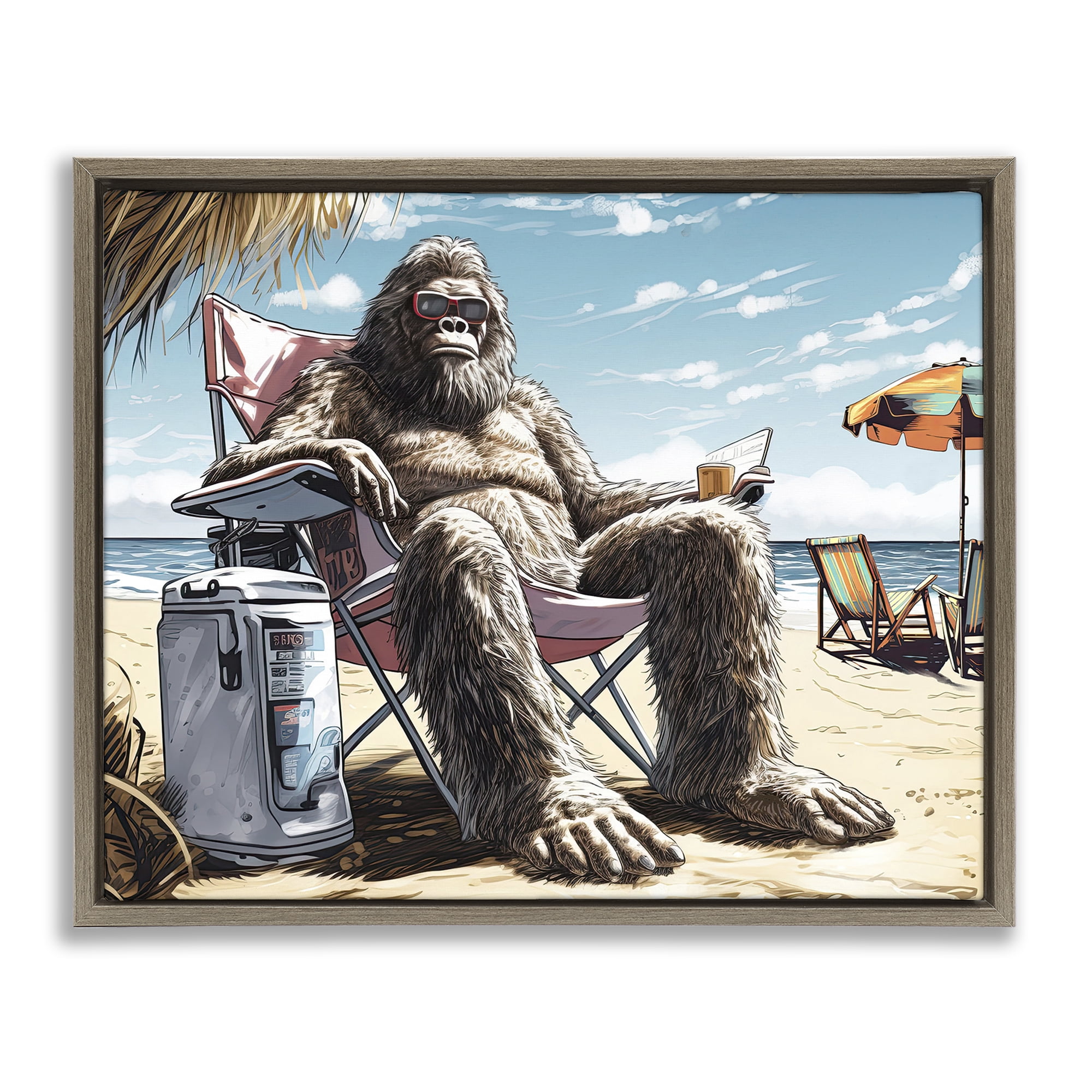 Stupell Industries Big Monster on Beach Fairy Tales & Fantasy Painting Brown Floater Framed Canvas Art Print Wall Art, 31 x 25