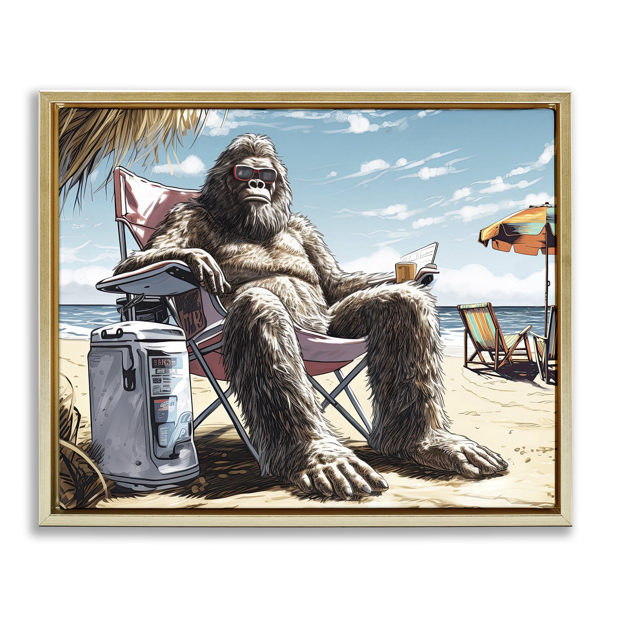Stupell Industries Big Monster on Beach Fairy Tales & Fantasy Painting Gold Floater Framed Canvas Art Print Wall Art, 21 x 17