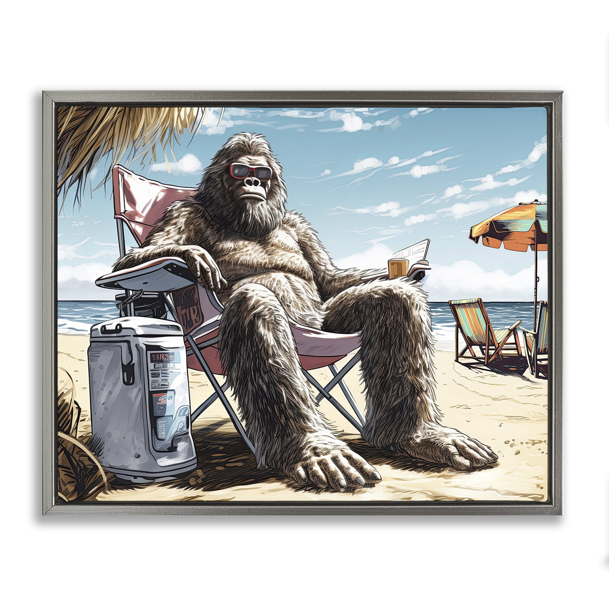 Stupell Industries Big Monster on Beach Fairy Tales & Fantasy Painting Gray Floater Framed Canvas Art Print Wall Art, 31 x 25
