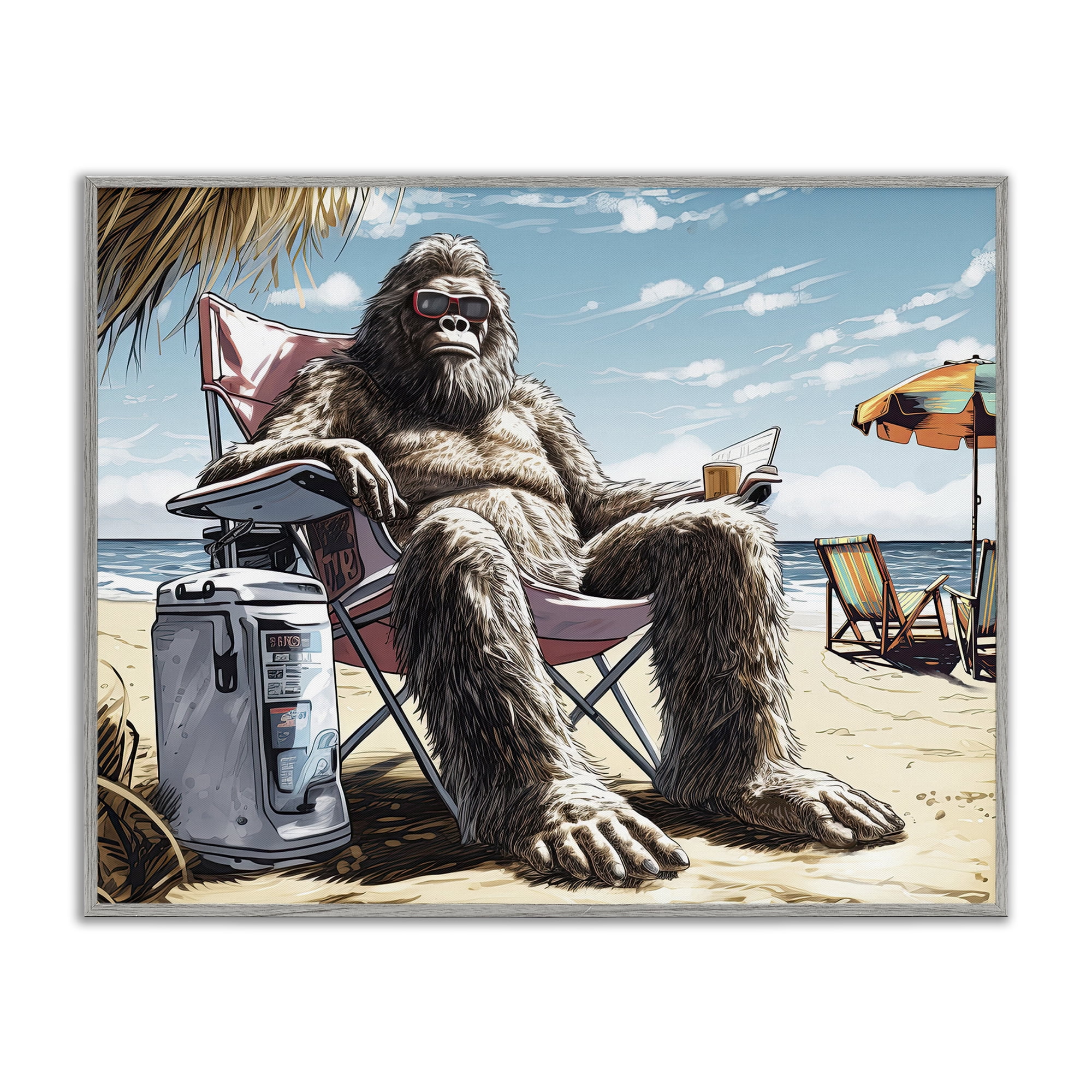 Stupell Industries Big Monster on Beach Fairy Tales & Fantasy Painting Gray Framed Art Print Wall Art, 14 x 11