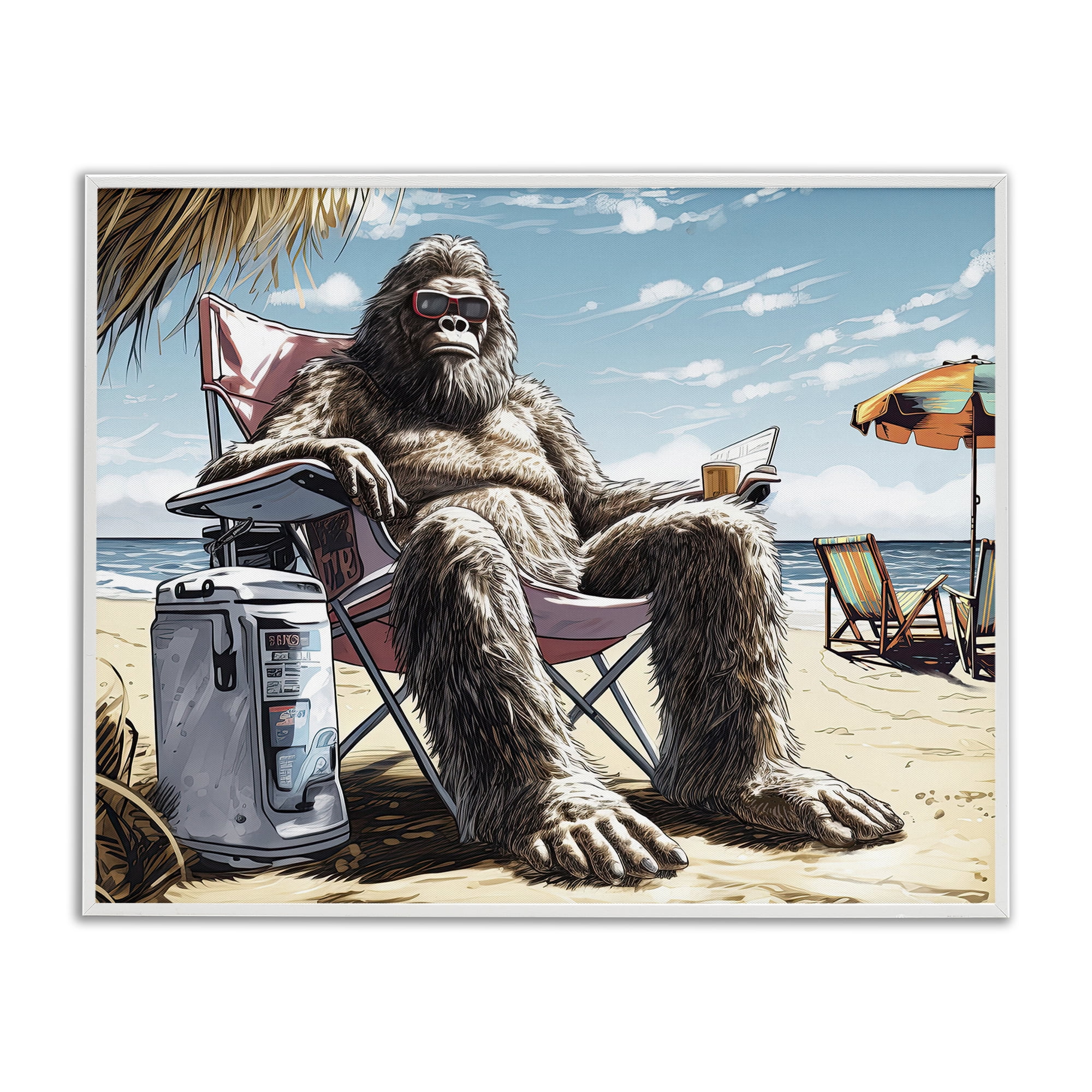 Stupell Industries Big Monster on Beach Fairy Tales & Fantasy Painting White Framed Art Print Wall Art, 14 x 11