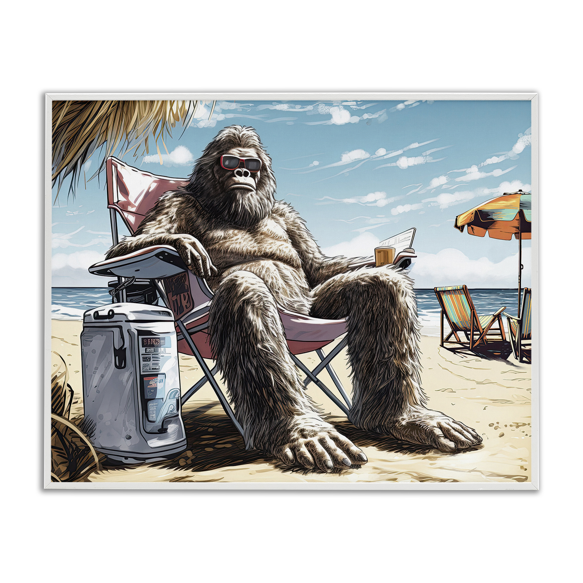 Stupell Industries Big Monster on Beach Fairy Tales & Fantasy Painting White Framed Art Print Wall Art, 30 x 24
