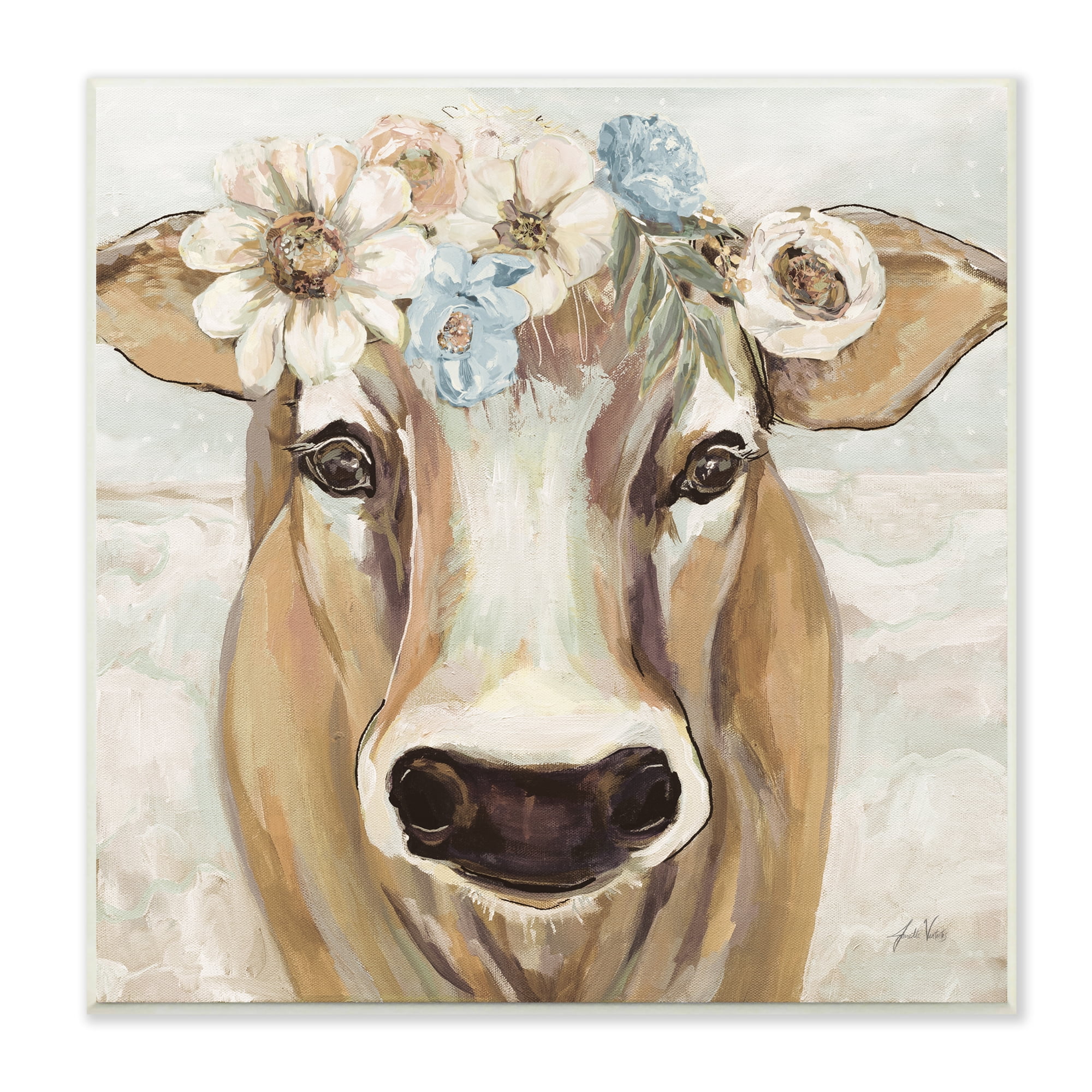 Stupell Industries Big Nose Boho Farm Cow Daisy Flower Crown, 12 x 12, Design by Jeanette Vertentes