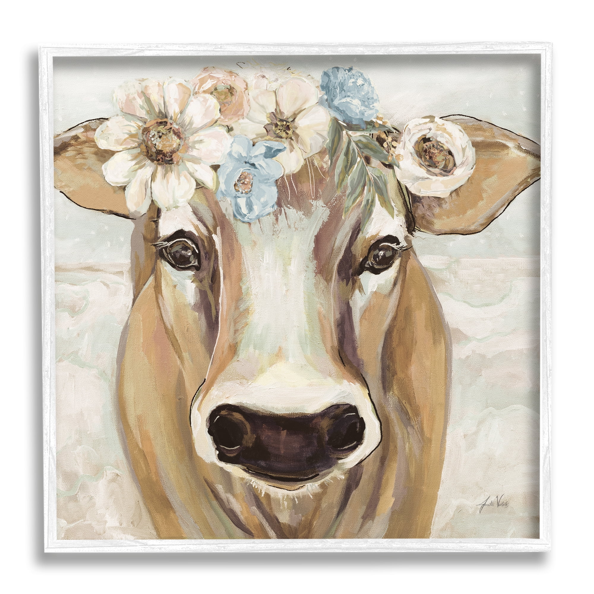 Stupell Industries Big Nose Boho Farm Cow Daisy Flower Crown, 12 x 12, Design by Jeanette Vertentes